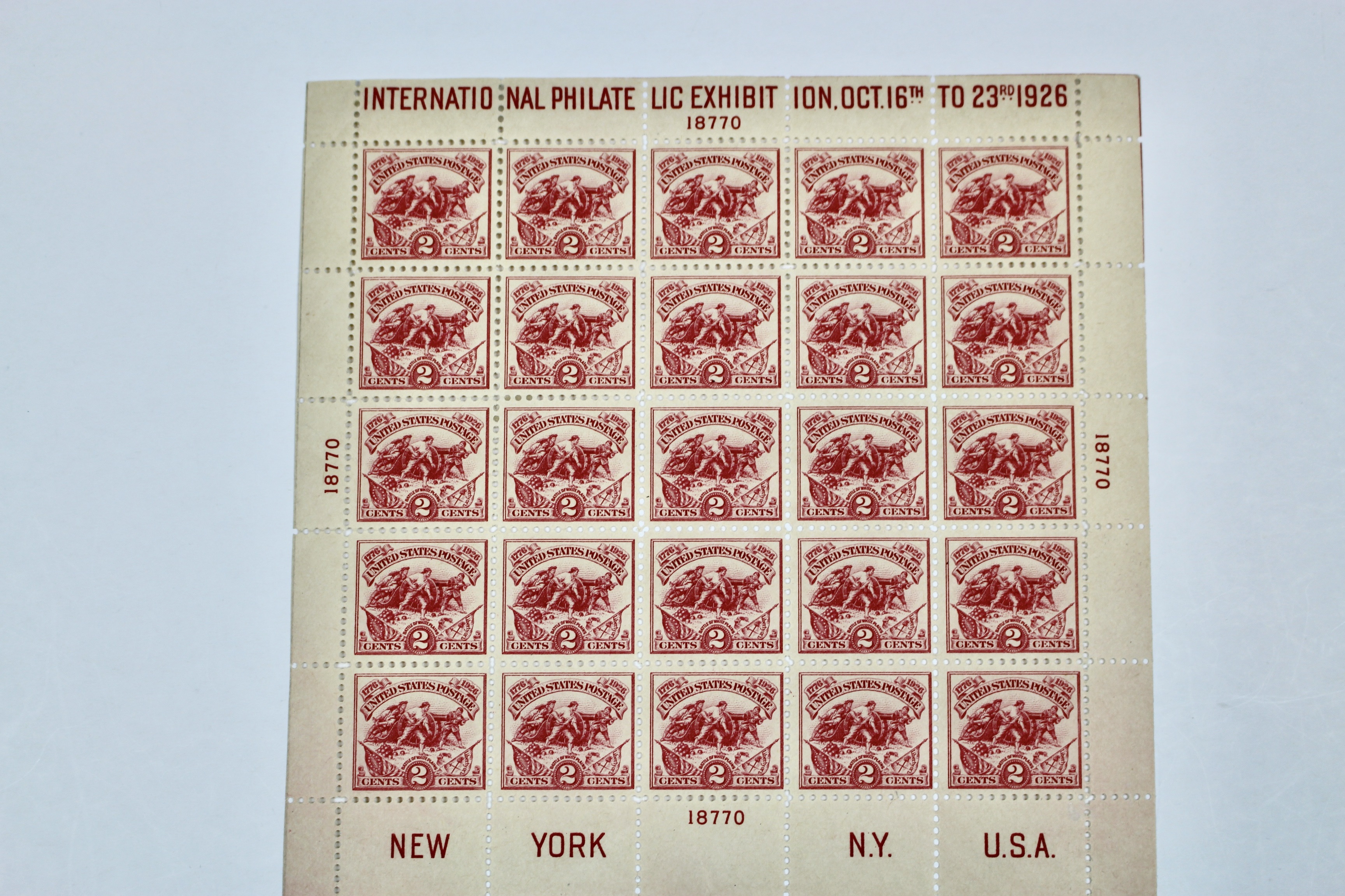 1926 Scott 630, White Plains Souvenir Postage Stamp Sheet, MH