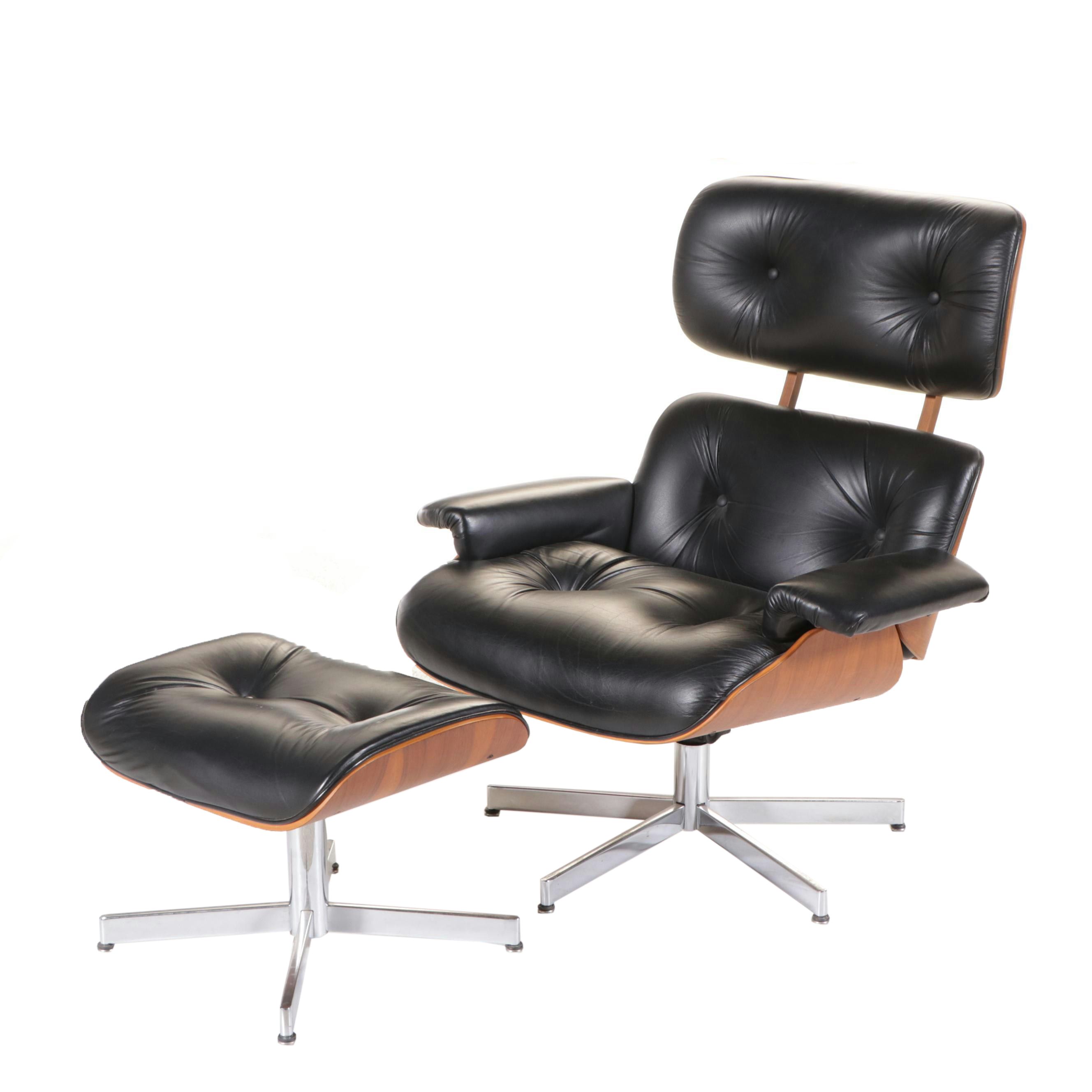 Selig Molded Walnut and Black Leather Lounge Chair and Ottoman