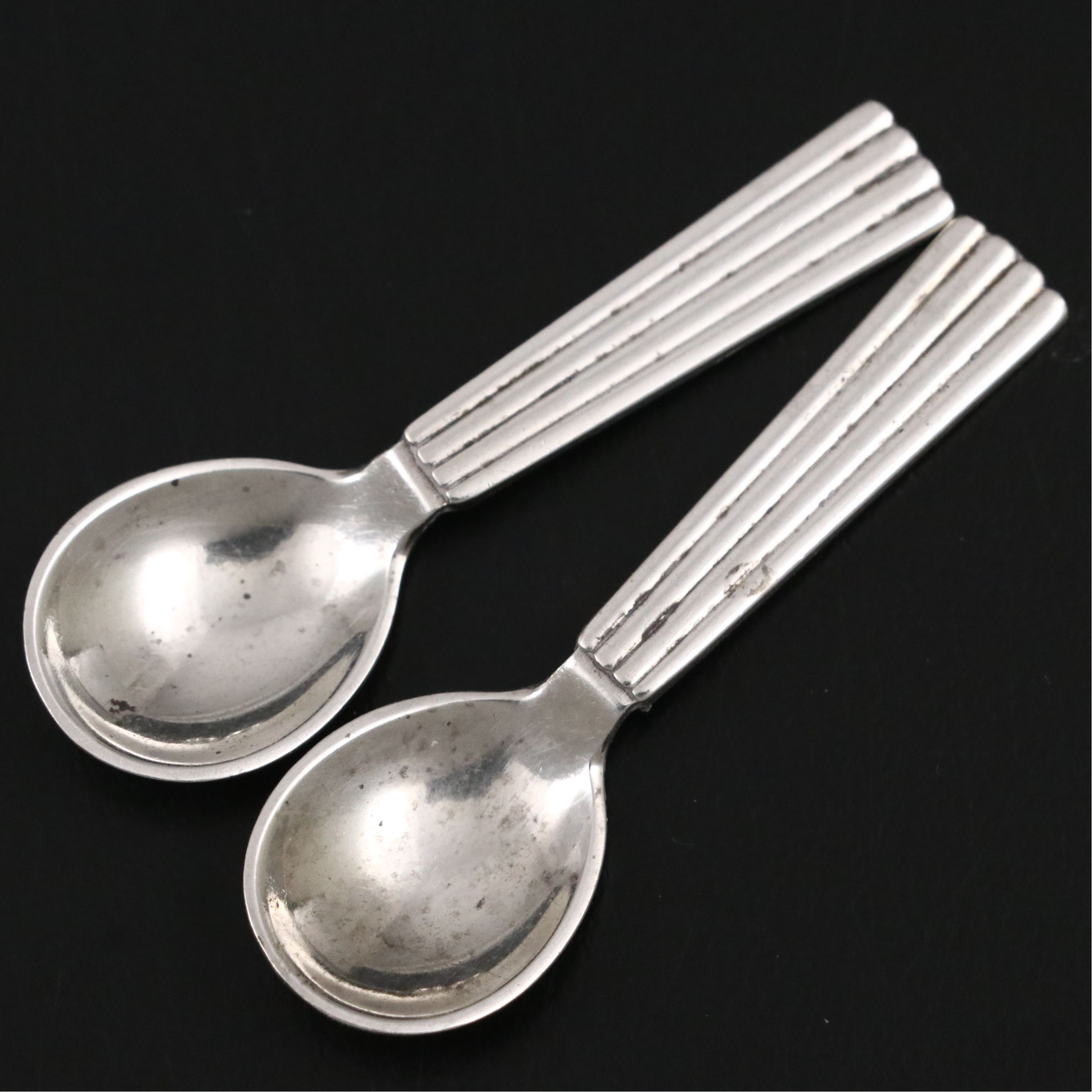 Georg Jensen "Bernadotte" Sterling Silver Salt Cellars and Spoons