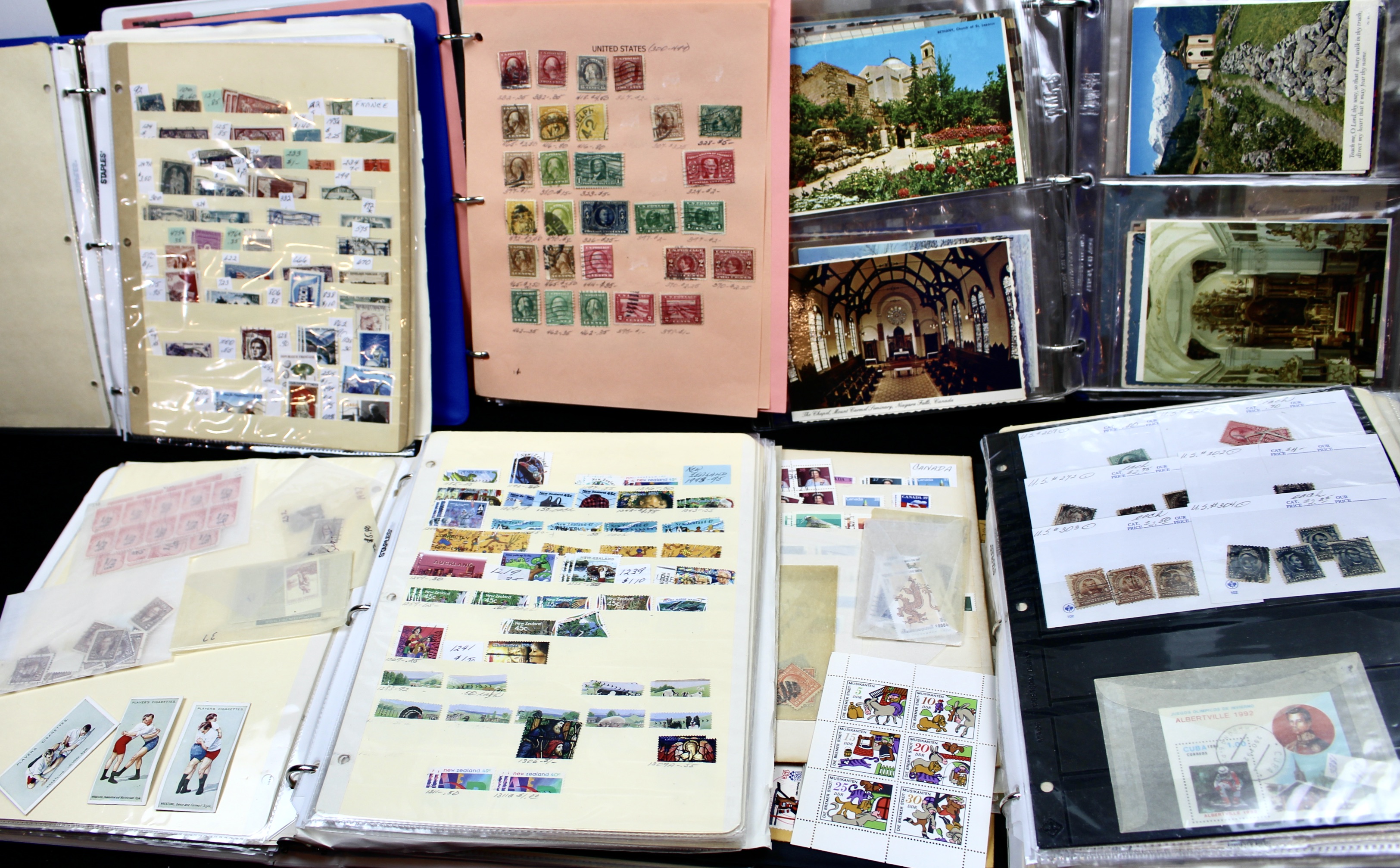Five Albums of Postage Stamps, Includes World, U.S., Postcards and More