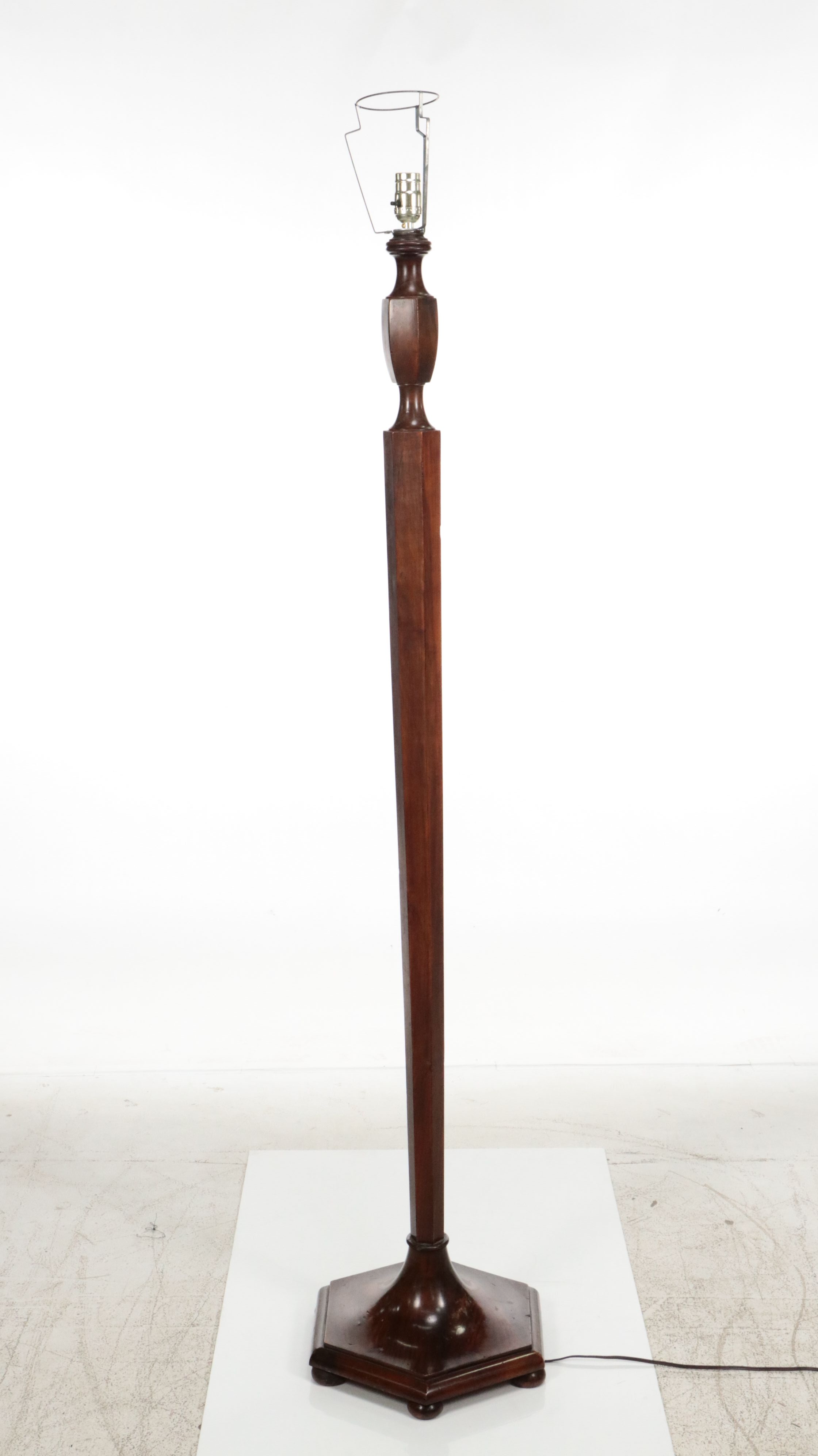 Hexagonal Rosewood Finish Wood Floor Lamp with Printed Shade