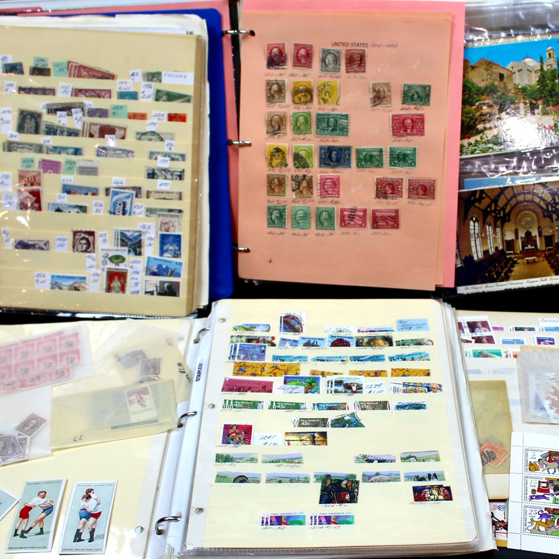 Five Albums of Postage Stamps, Includes World, U.S., Postcards and More