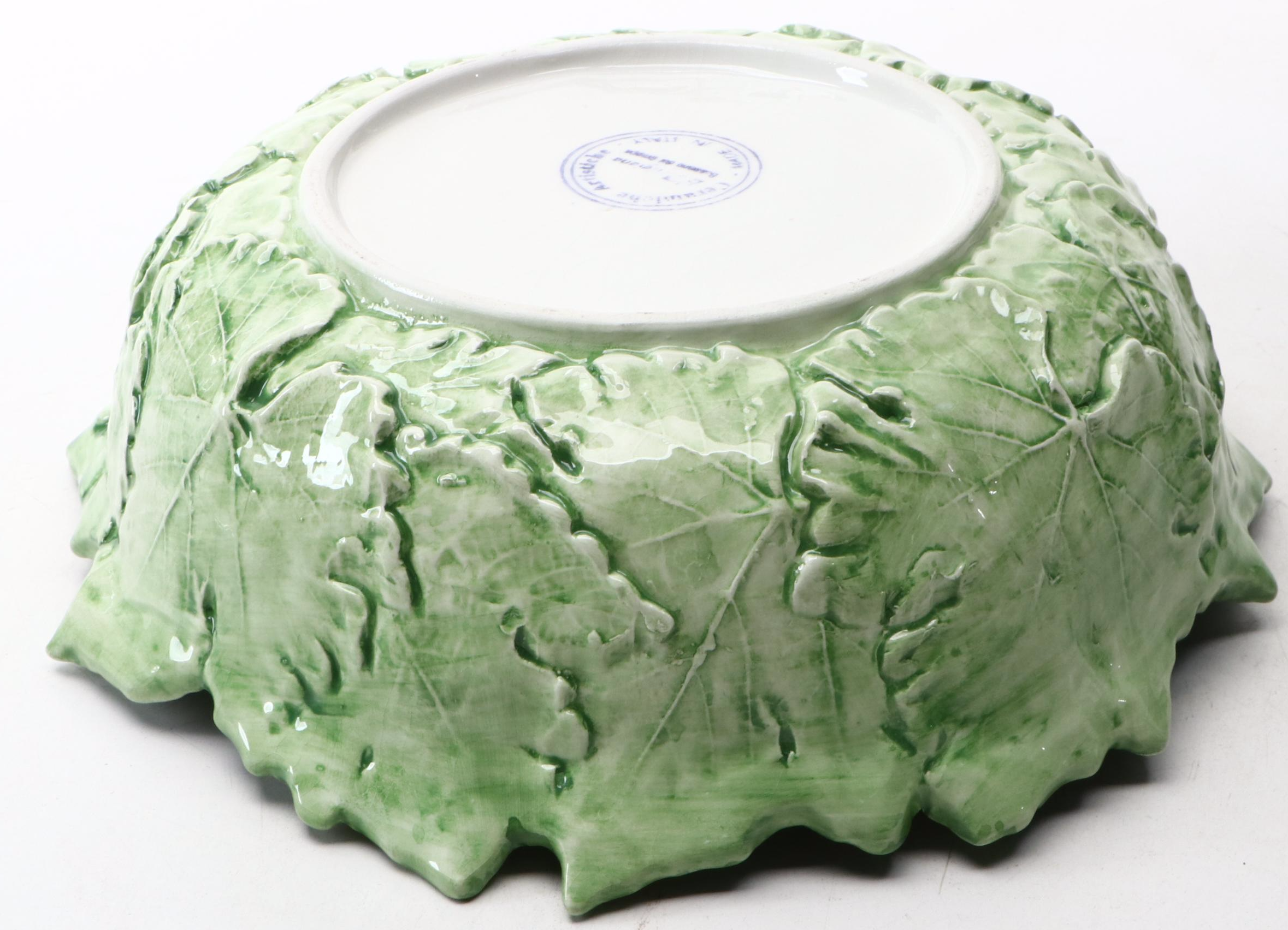 L'Artigiana Majolica Style Leaf Bowl and Cabbage Platter