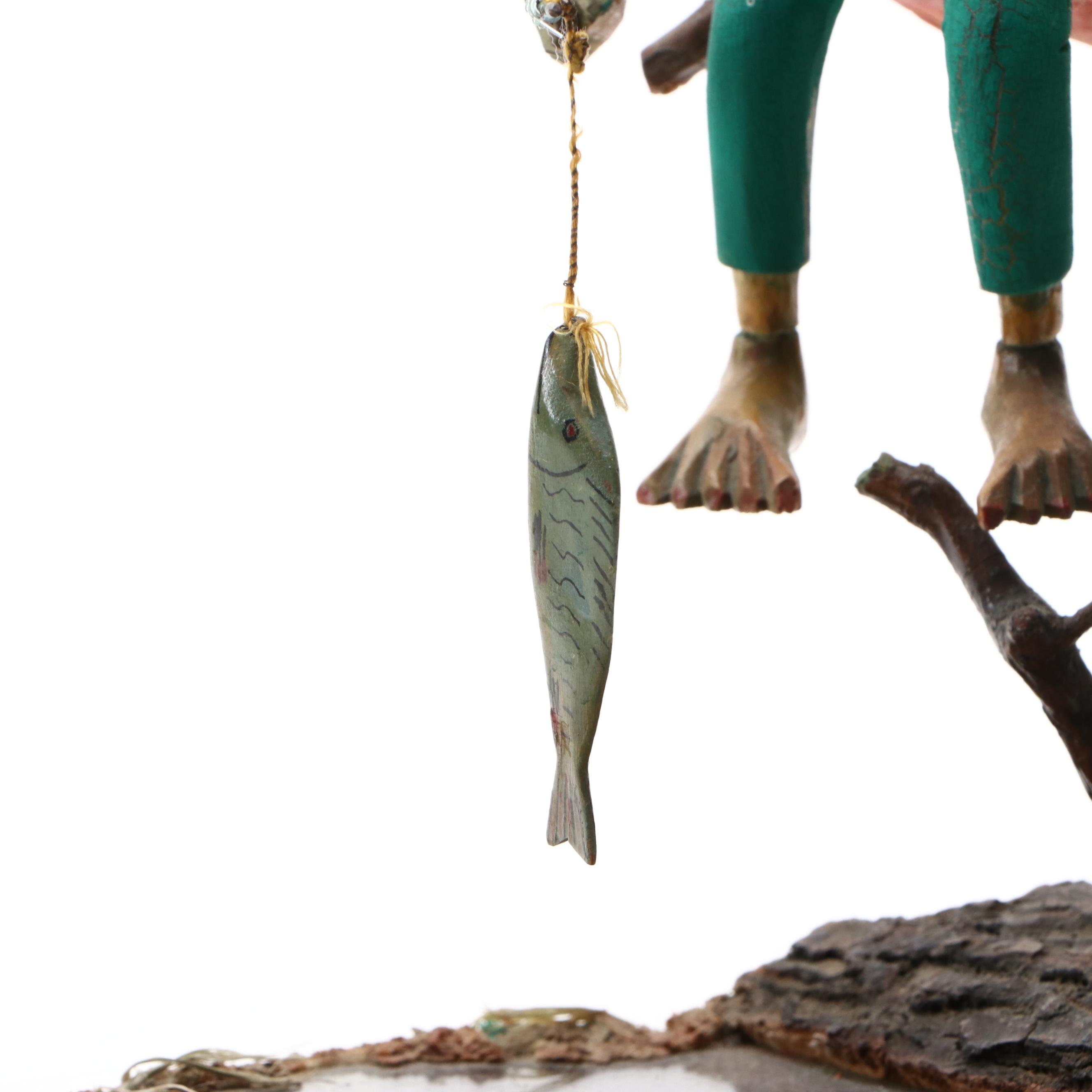 American Folk Art Style Carved Wood and Mixed Material Fisherman Sculpture