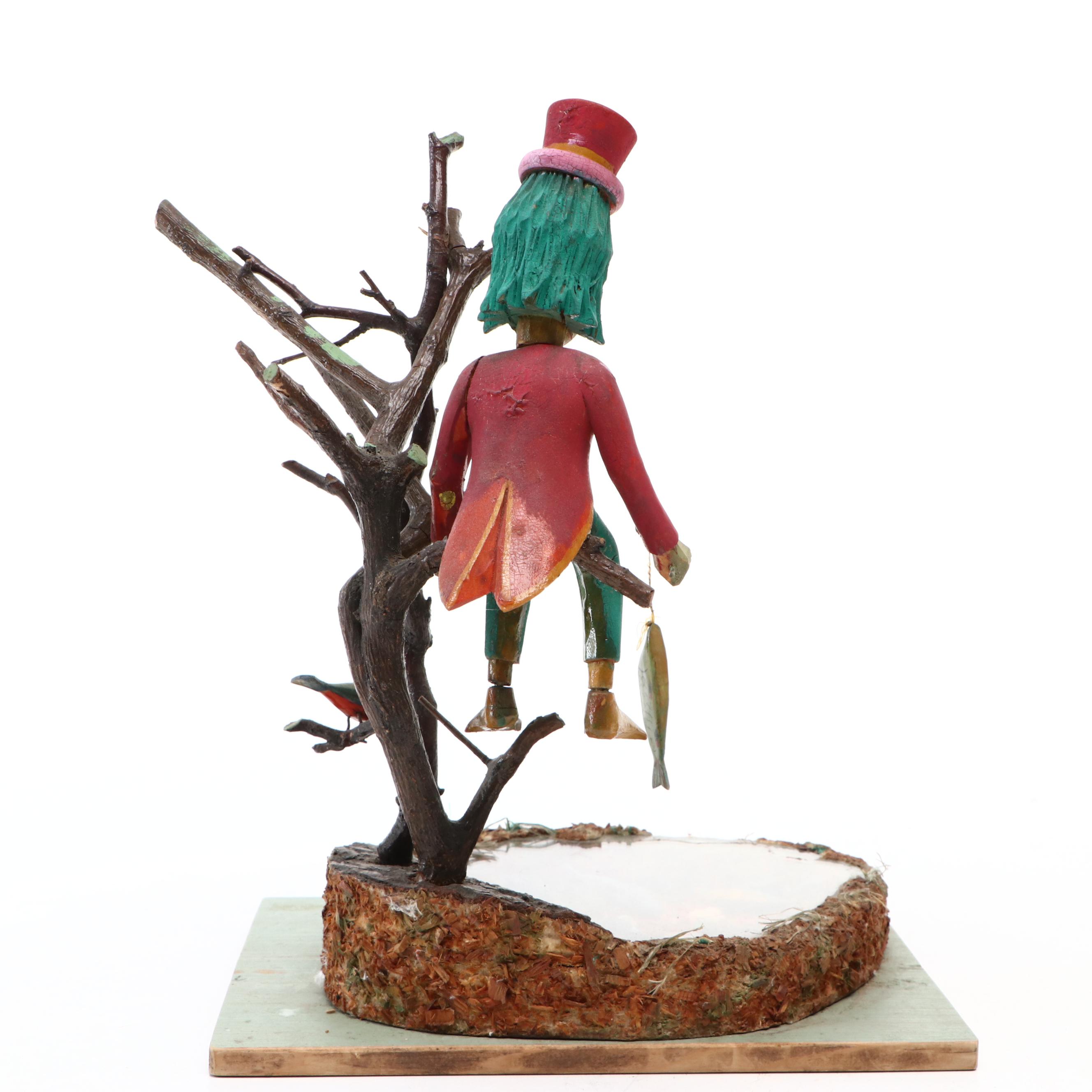 American Folk Art Style Carved Wood and Mixed Material Fisherman Sculpture