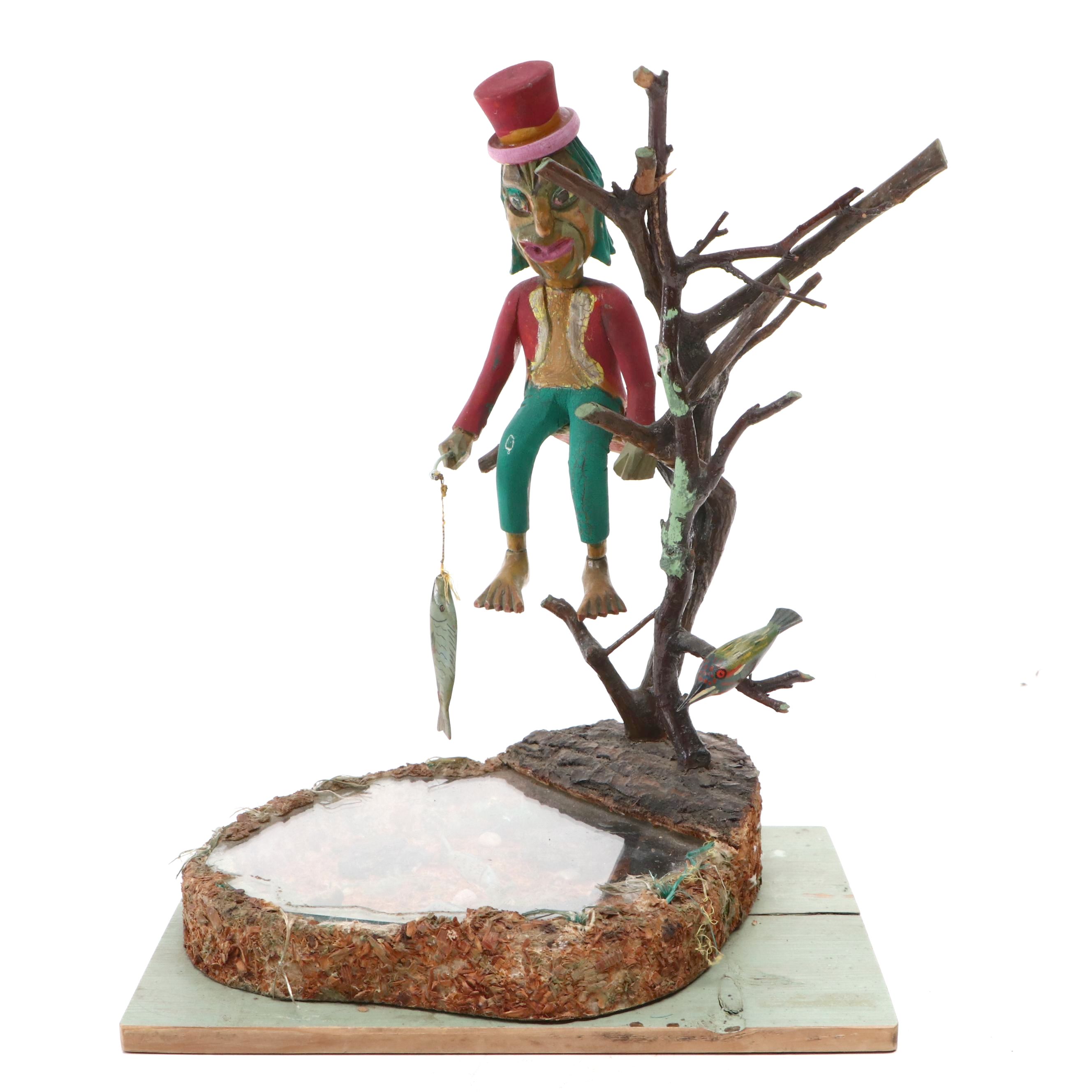 American Folk Art Style Carved Wood and Mixed Material Fisherman Sculpture