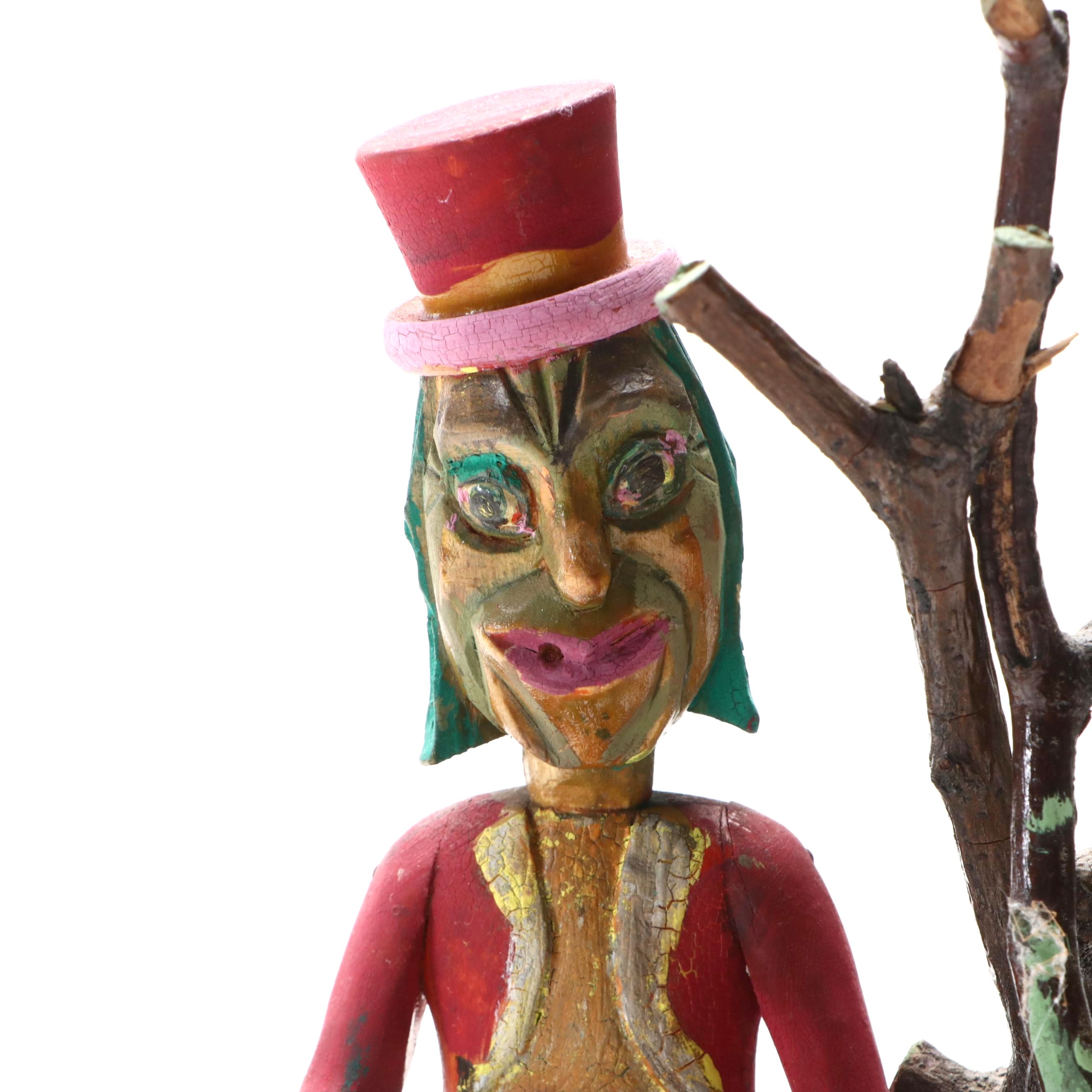 American Folk Art Style Carved Wood and Mixed Material Fisherman Sculpture