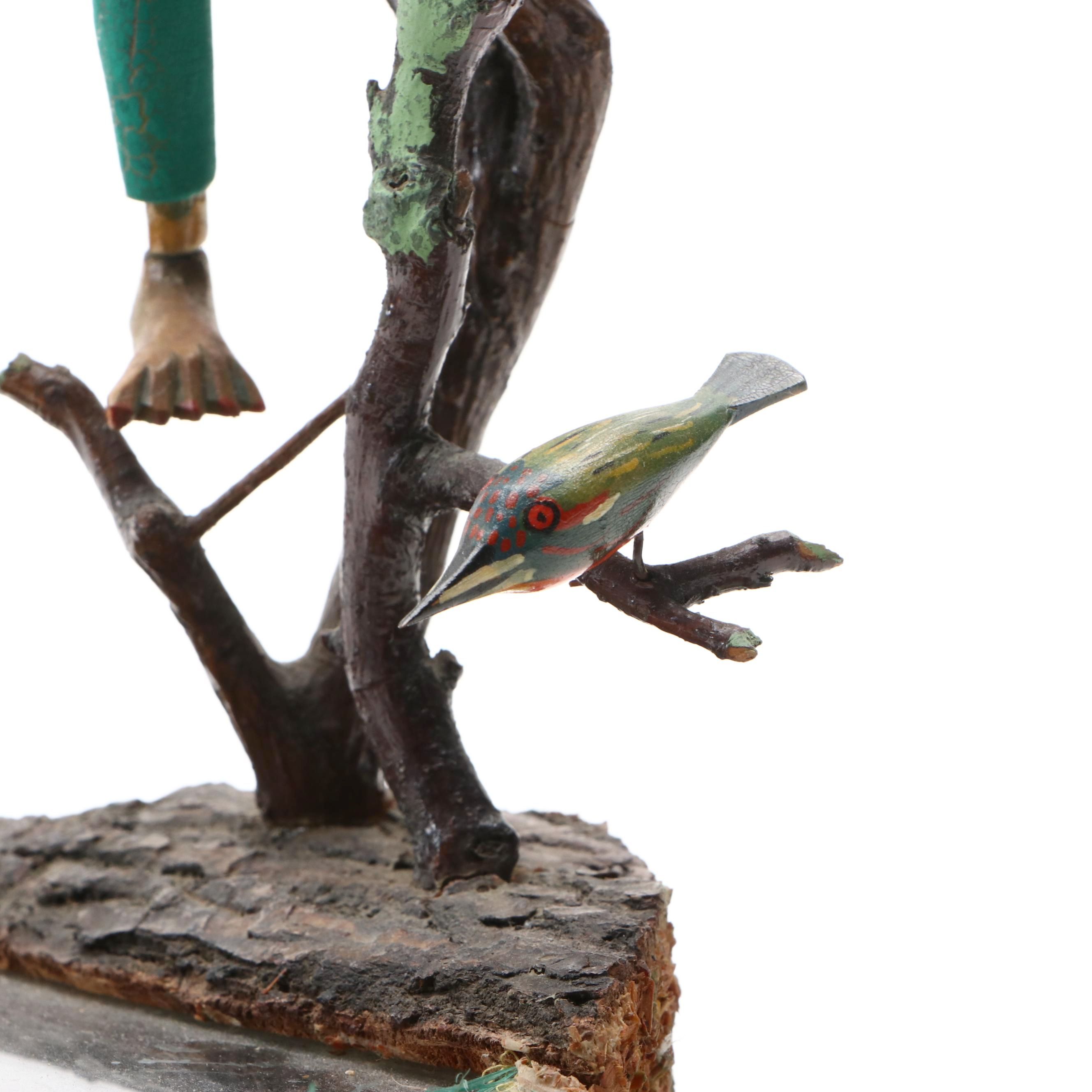 American Folk Art Style Carved Wood and Mixed Material Fisherman Sculpture