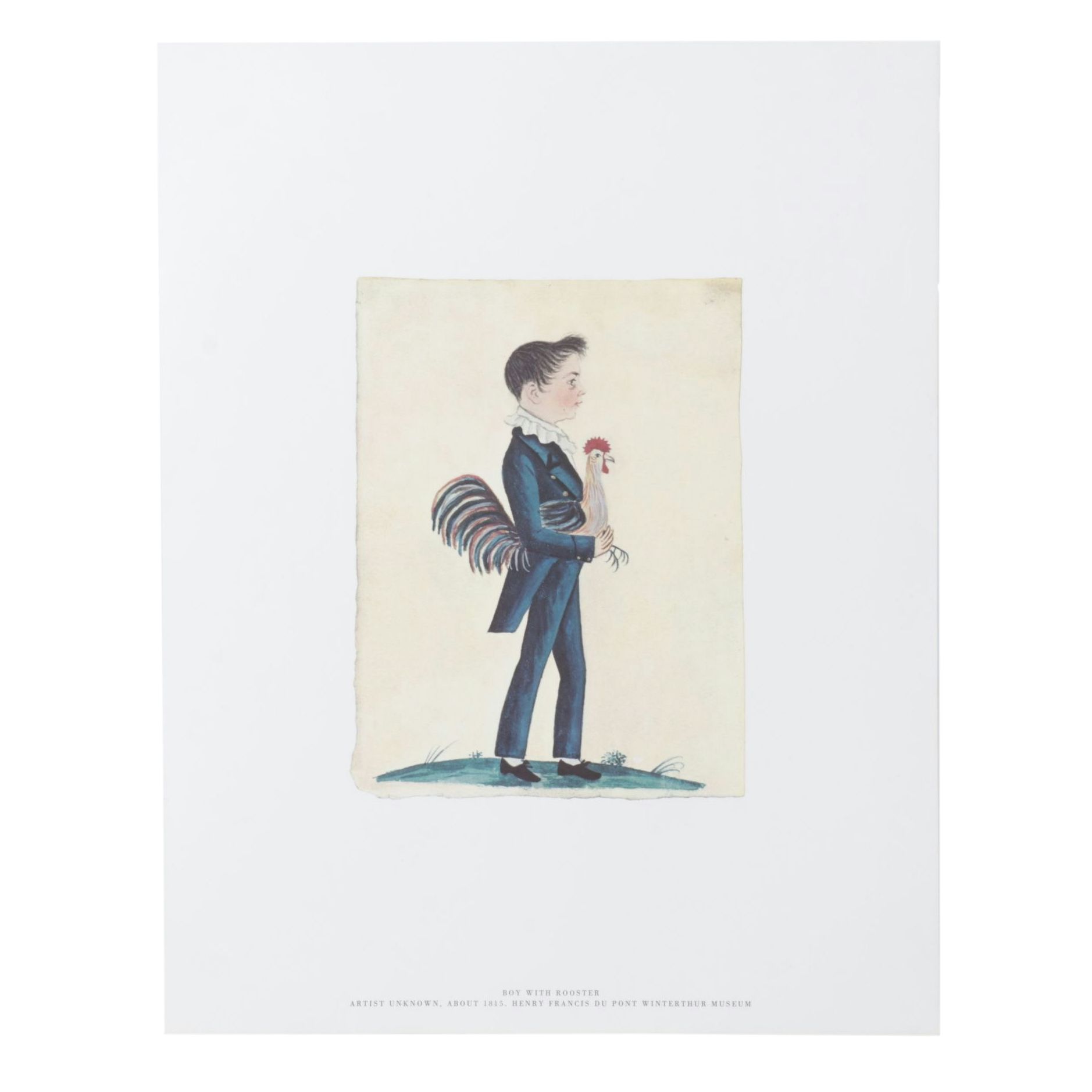 Folk Art Offset Lithograph "Boy With Rooster"