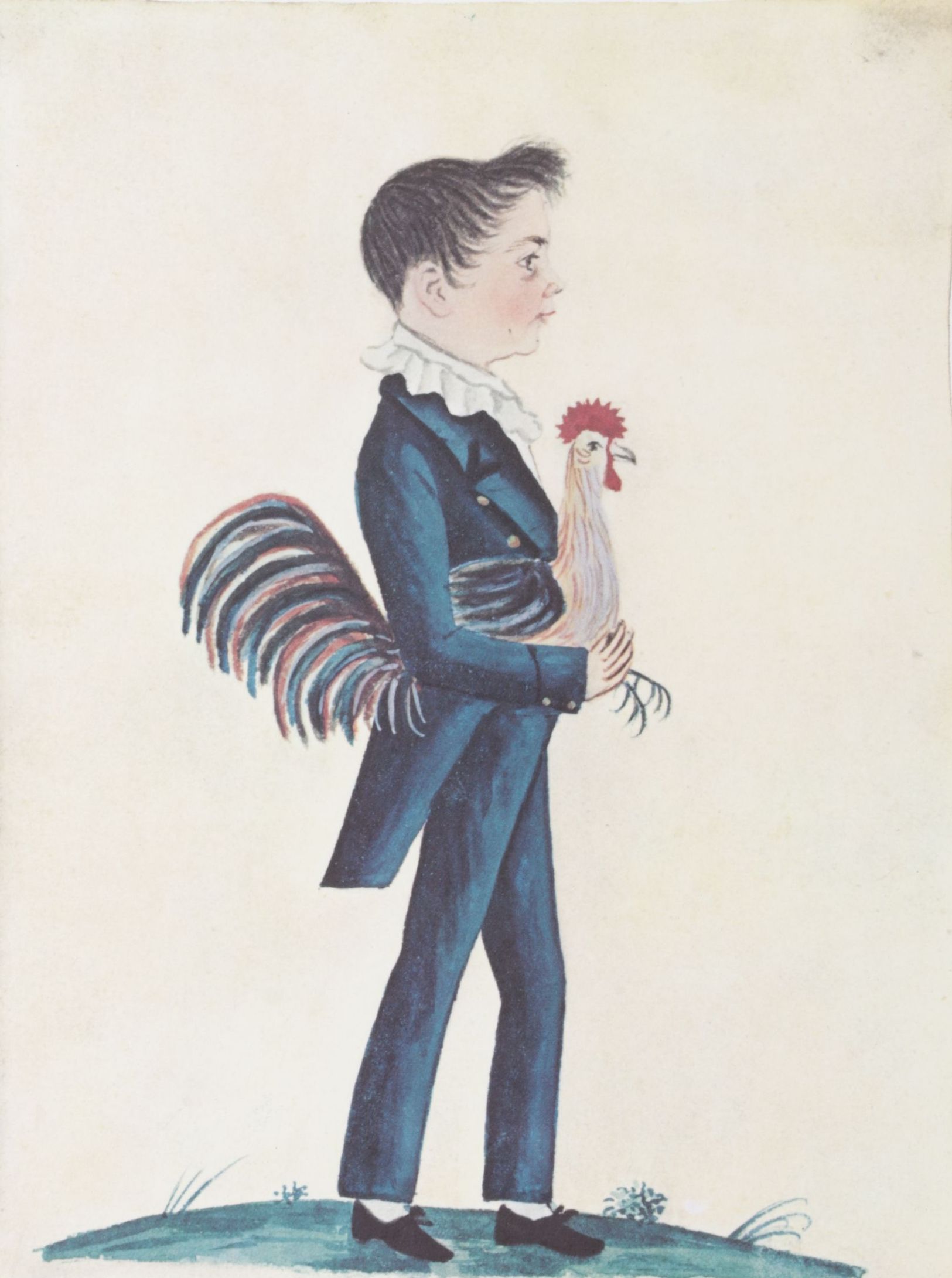 Folk Art Offset Lithograph "Boy With Rooster"