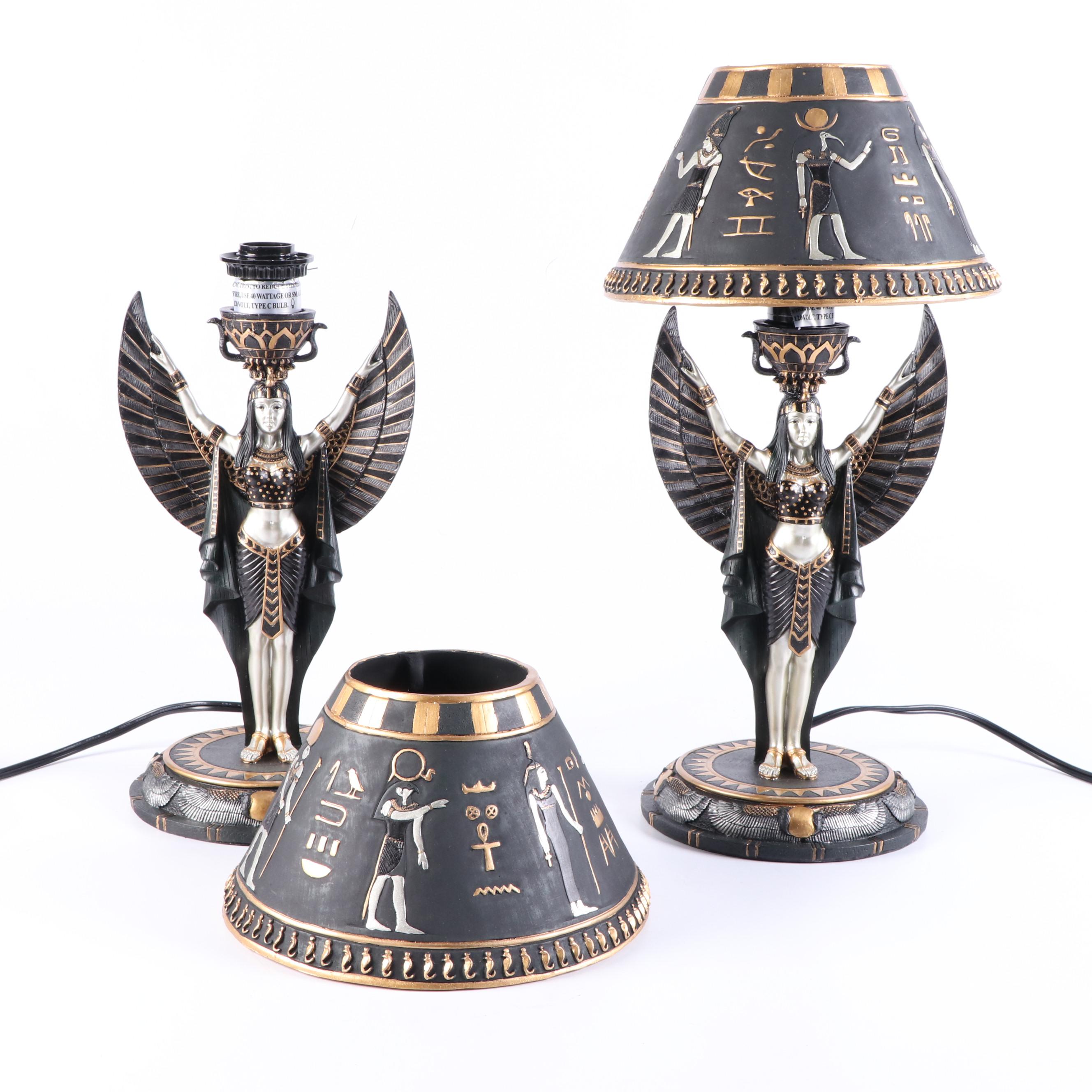 Egyptian Style Goddess Isis Resin Table Lamps with Plaster Shades