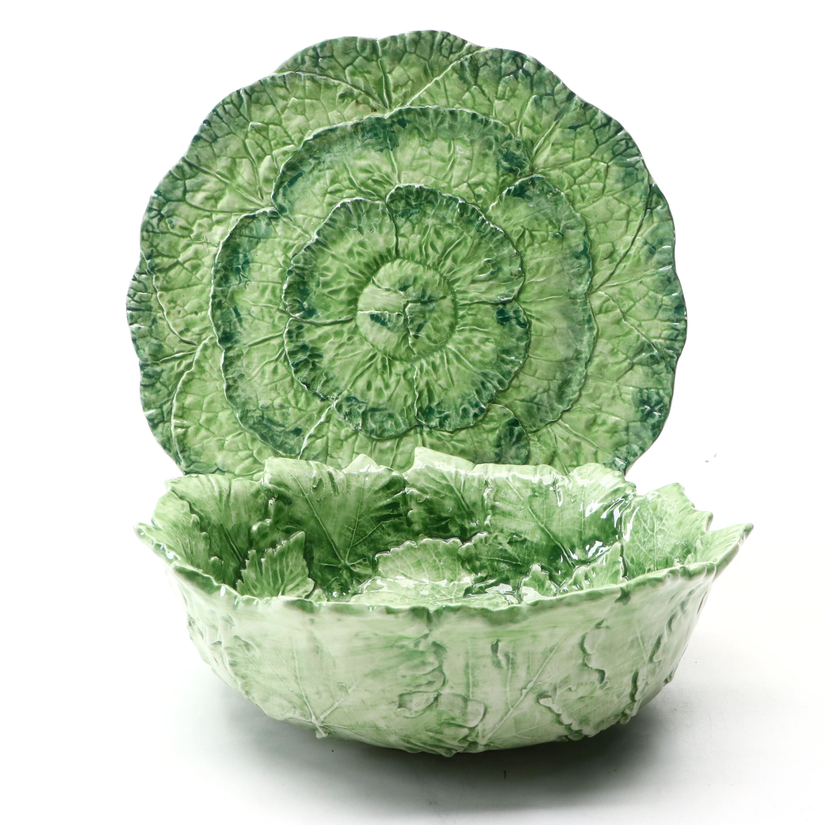 L'Artigiana Majolica Style Leaf Bowl and Cabbage Platter