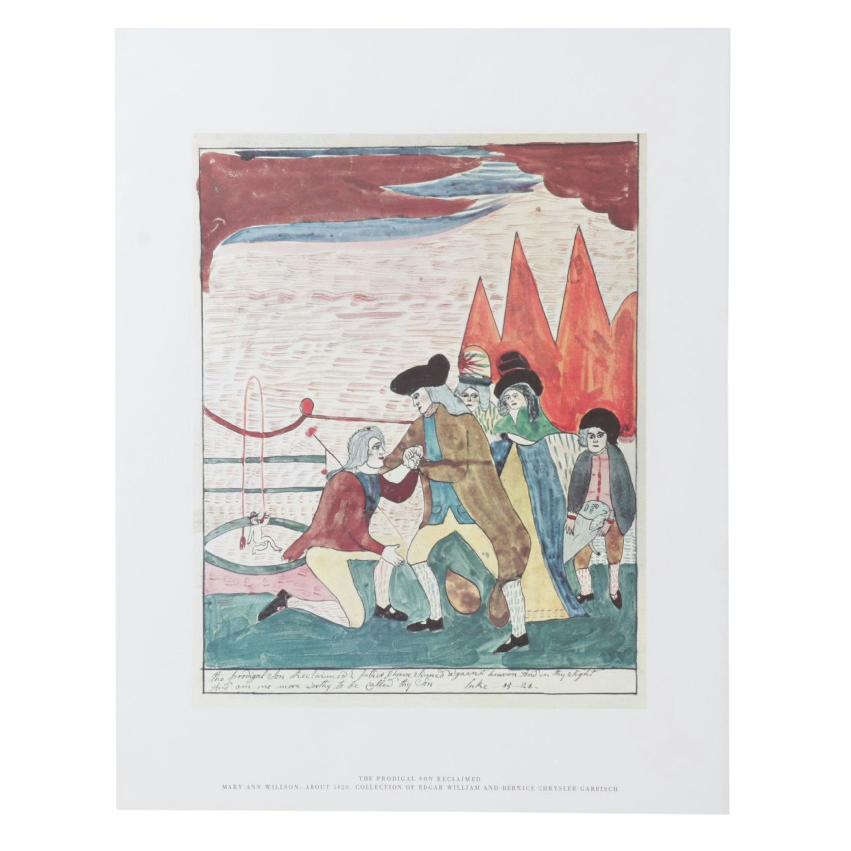 Folk Art Offset Lithograph after Mary Ann Willson "The Prodigal Son Reclaimed"