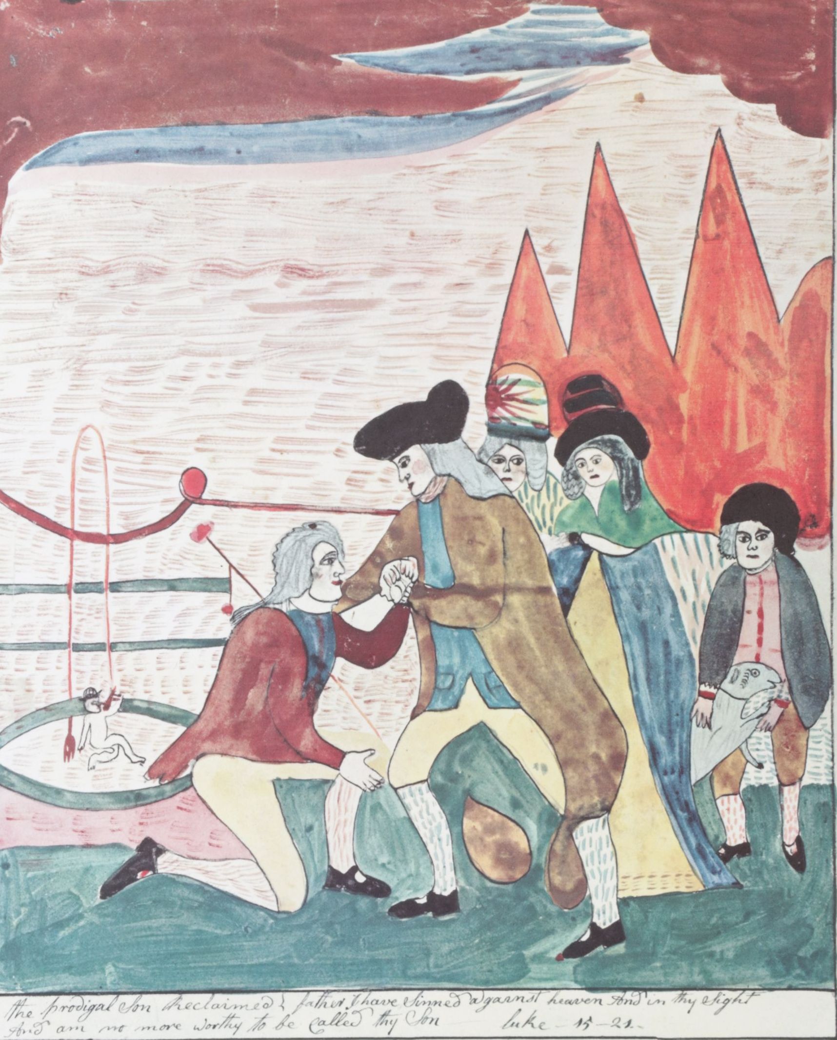 Folk Art Offset Lithograph after Mary Ann Willson "The Prodigal Son Reclaimed"