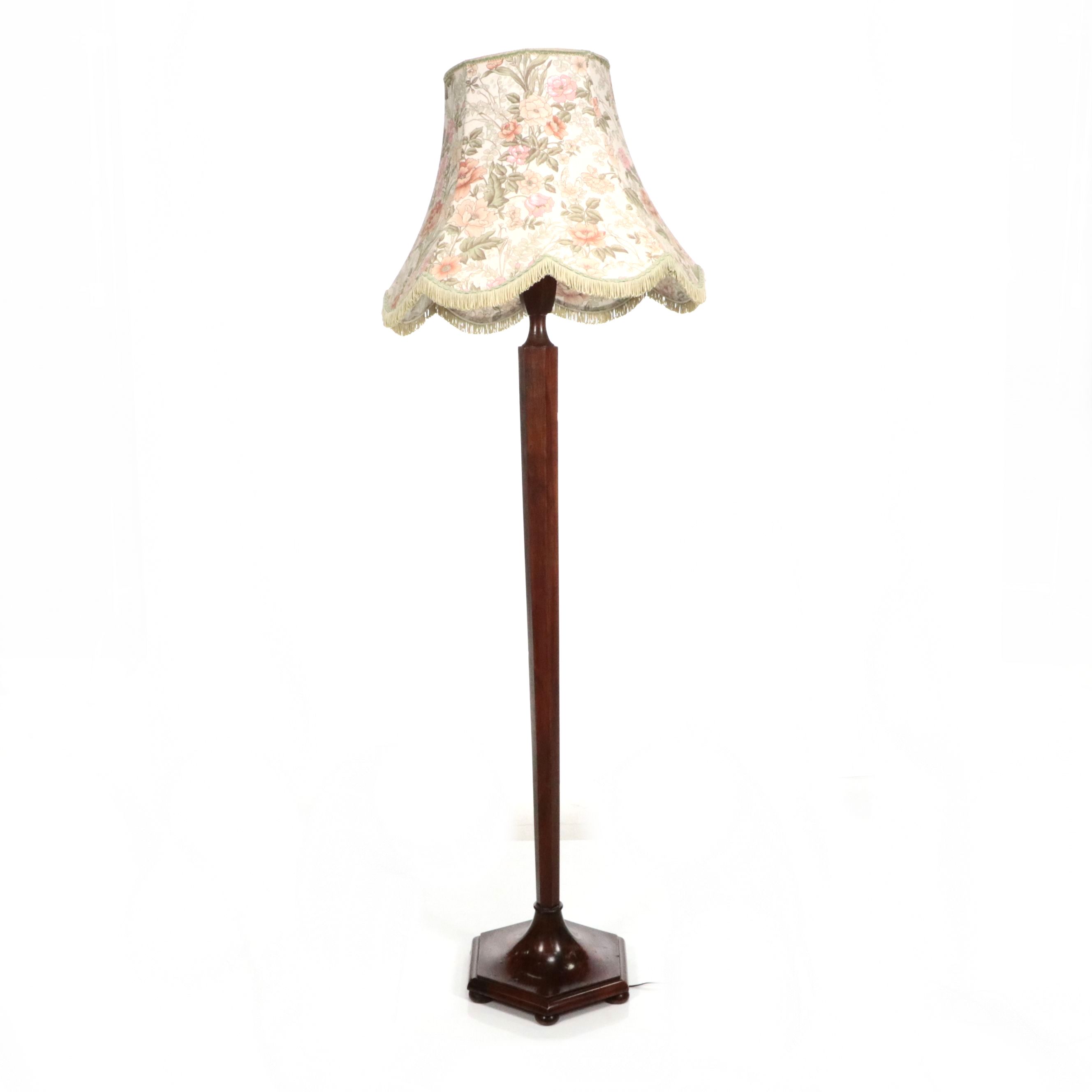 Hexagonal Rosewood Finish Wood Floor Lamp with Printed Shade