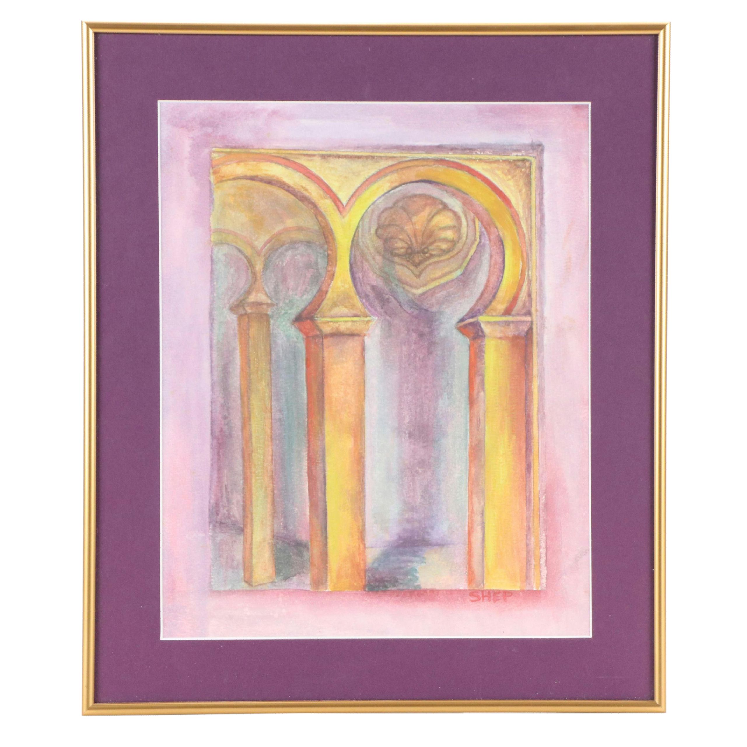 Alison Shepard Watercolor Painting of Mozarabic Archways, Late 20th Century