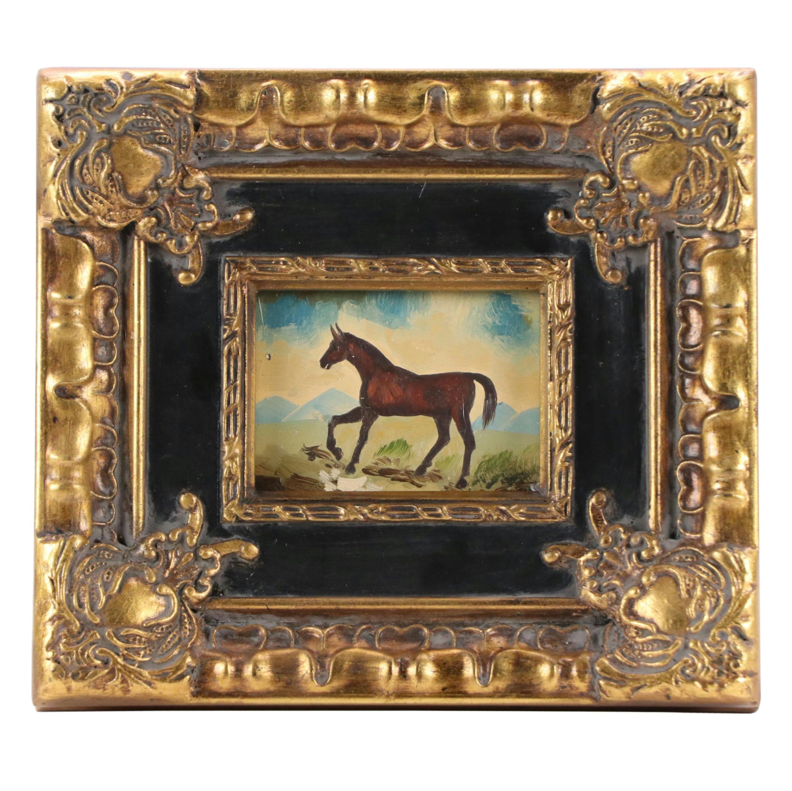 American School Folk Art Style Oil Painting of Bay Horse, 20th Century