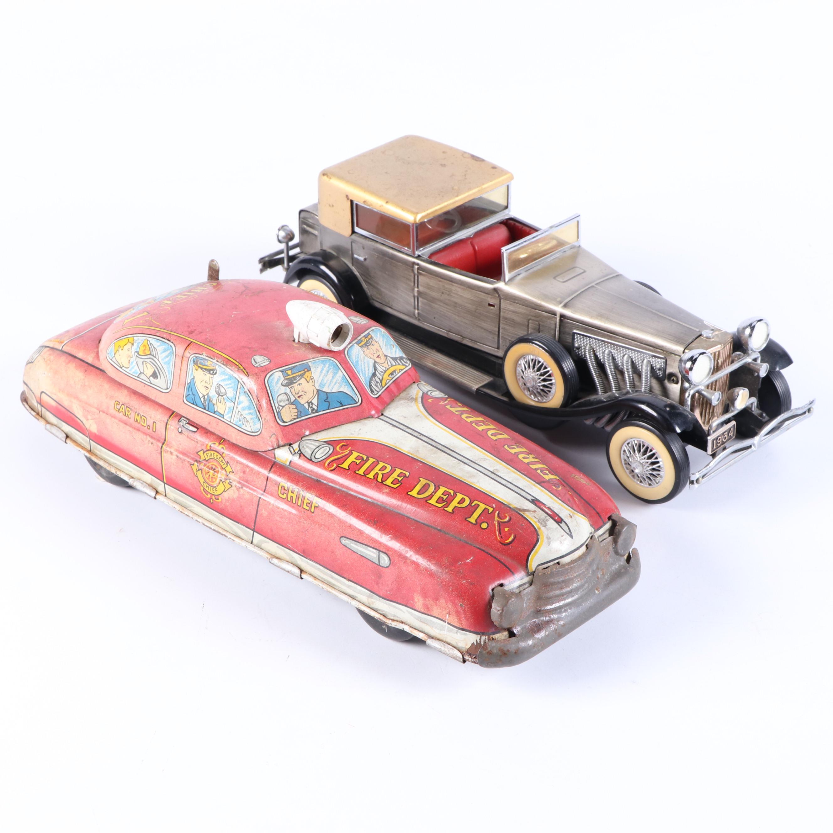 Vintage Japanese Battery Operated Sports Car with Tin Litho Fire Car