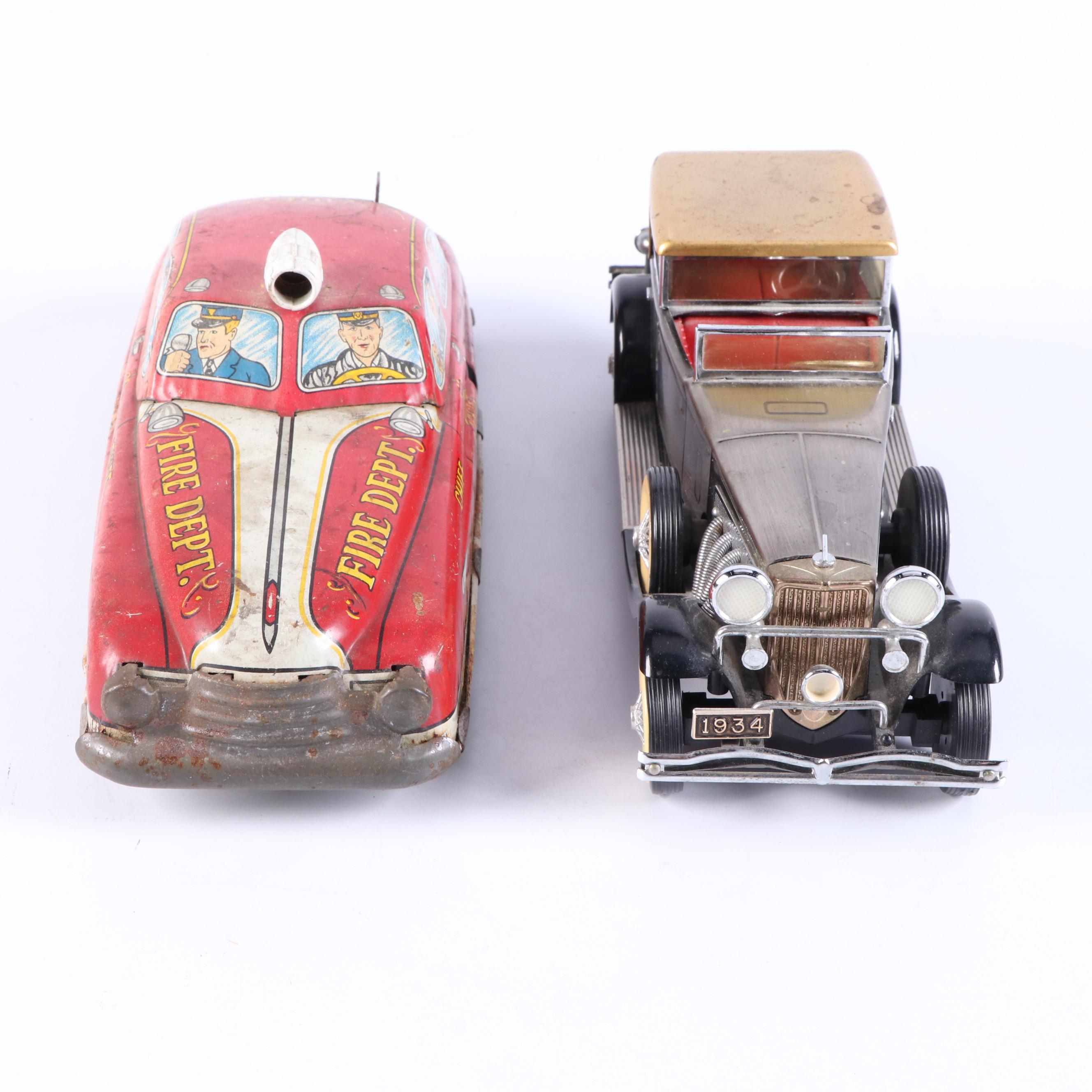 Vintage Japanese Battery Operated Sports Car with Tin Litho Fire Car