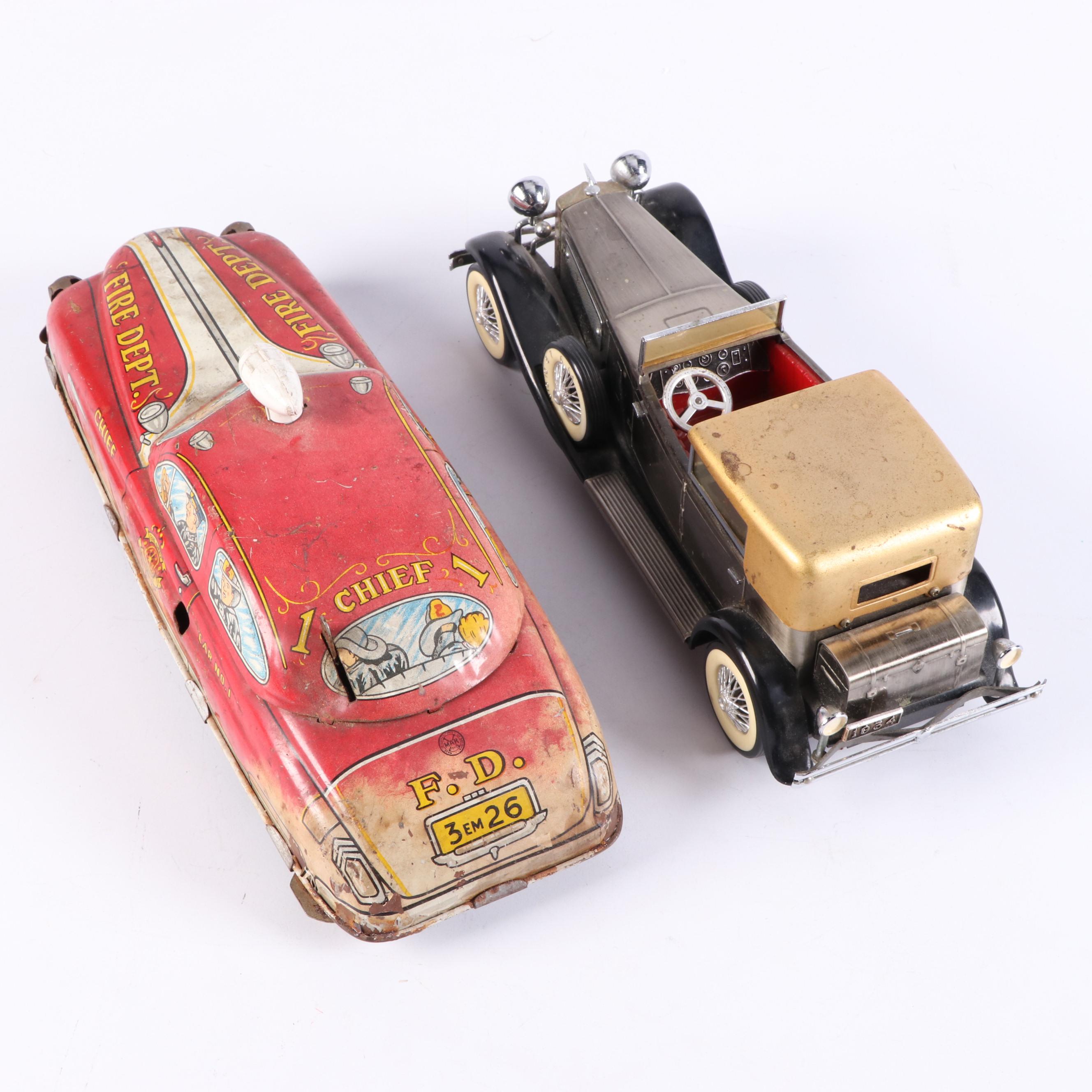 Vintage Japanese Battery Operated Sports Car with Tin Litho Fire Car