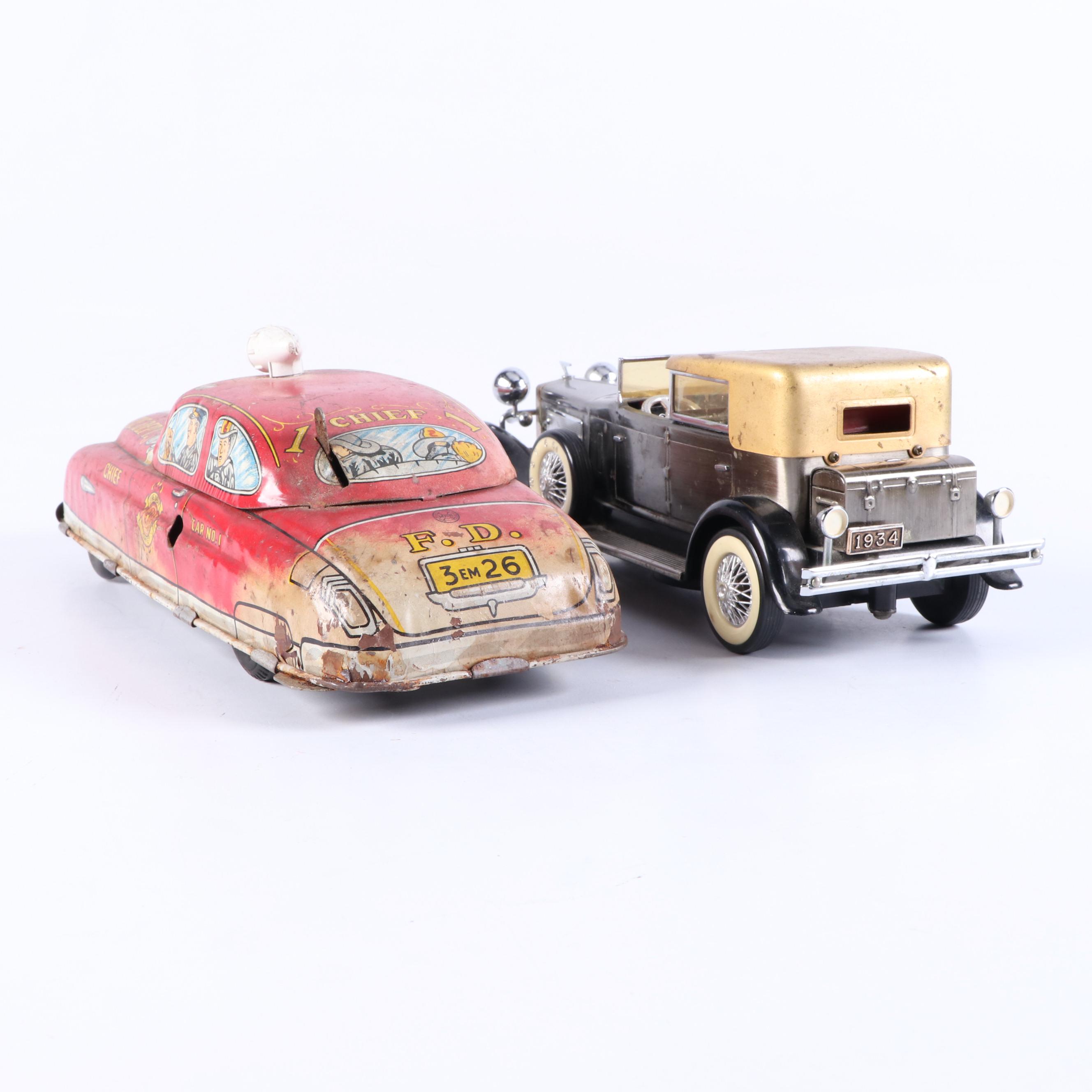 Vintage Japanese Battery Operated Sports Car with Tin Litho Fire Car