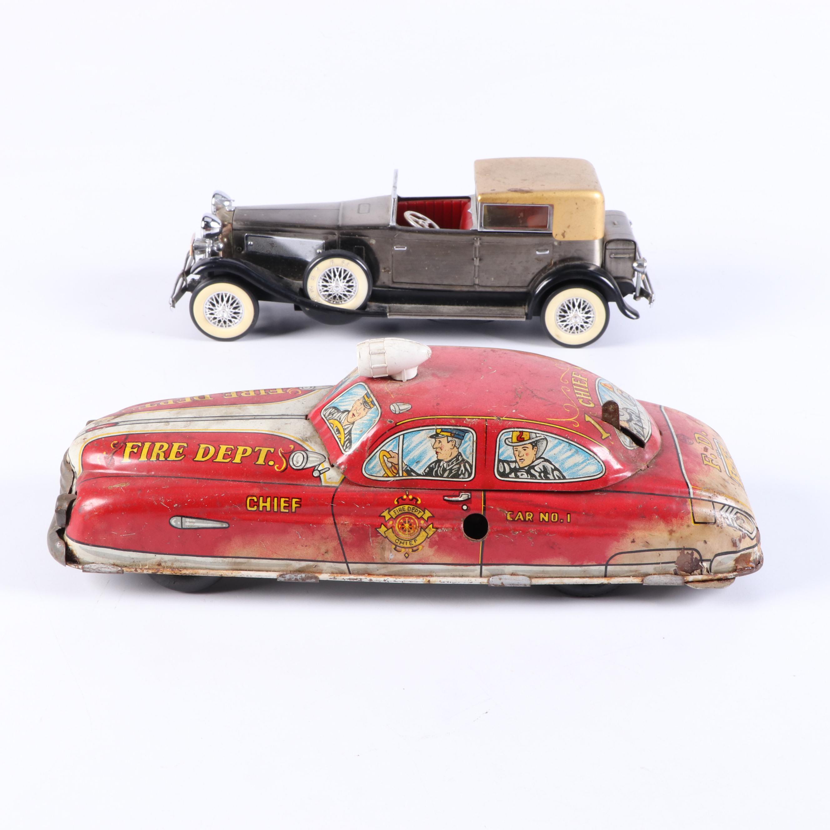 Vintage Japanese Battery Operated Sports Car with Tin Litho Fire Car