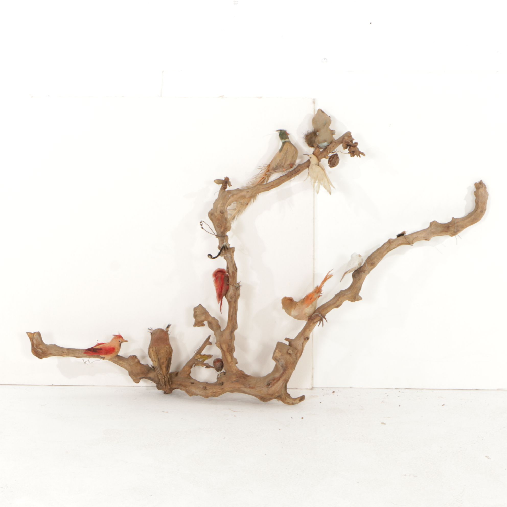 Rustic Tree Branch with Sitting Birds Hand-Crafted Sculpture