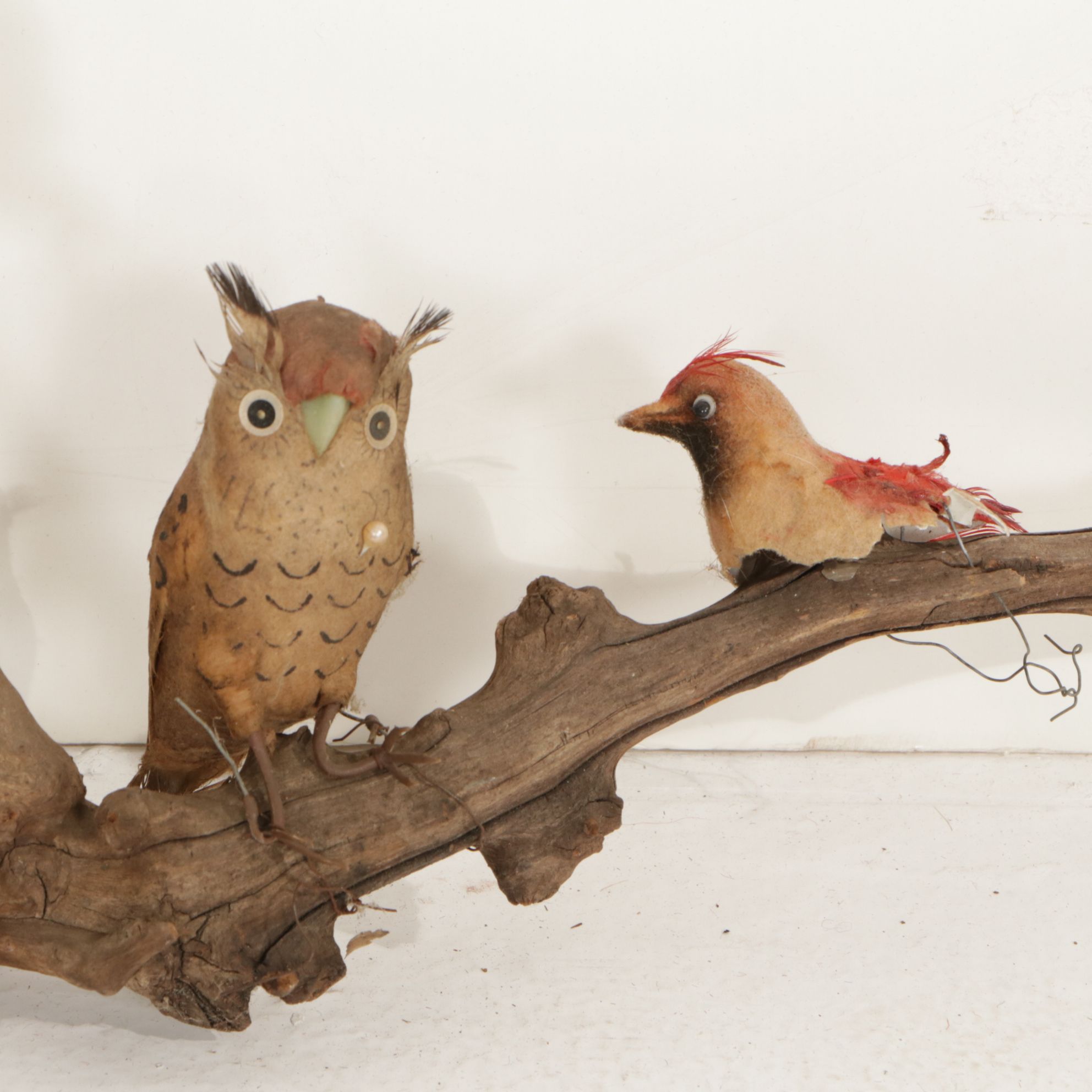Rustic Tree Branch with Sitting Birds Hand-Crafted Sculpture