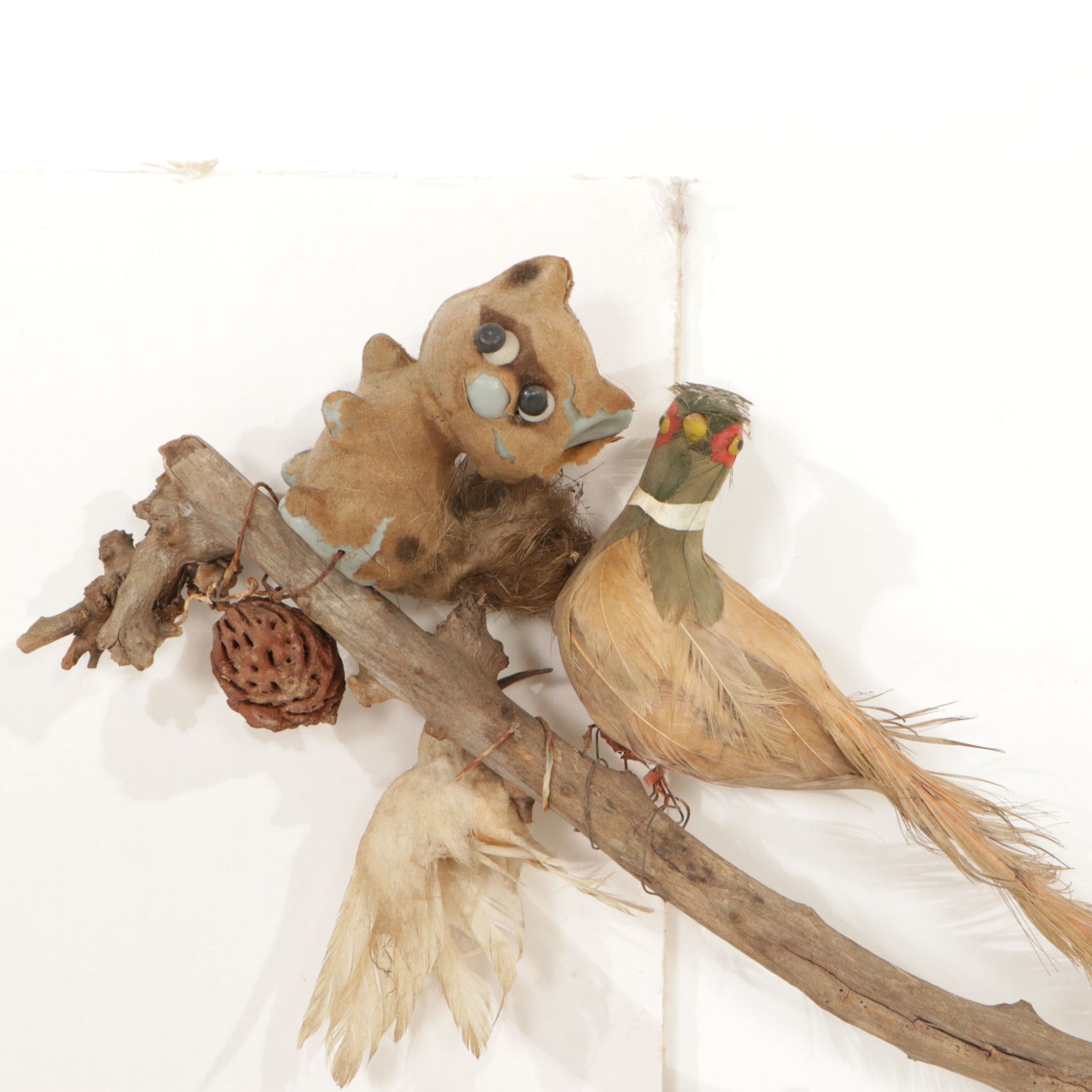 Rustic Tree Branch with Sitting Birds Hand-Crafted Sculpture