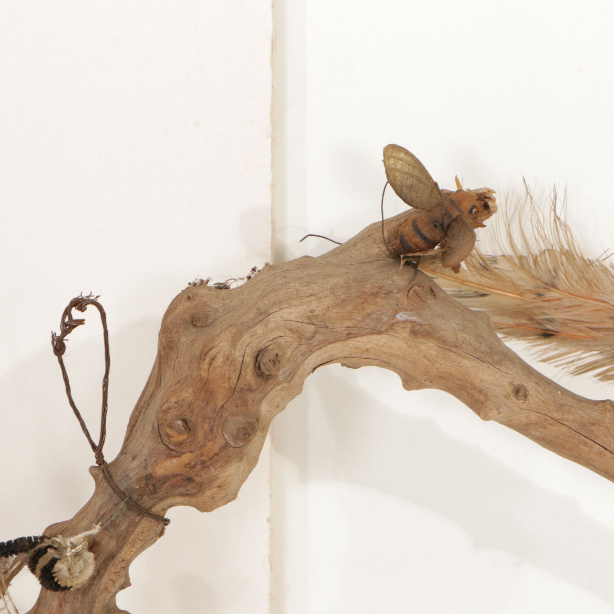 Rustic Tree Branch with Sitting Birds Hand-Crafted Sculpture