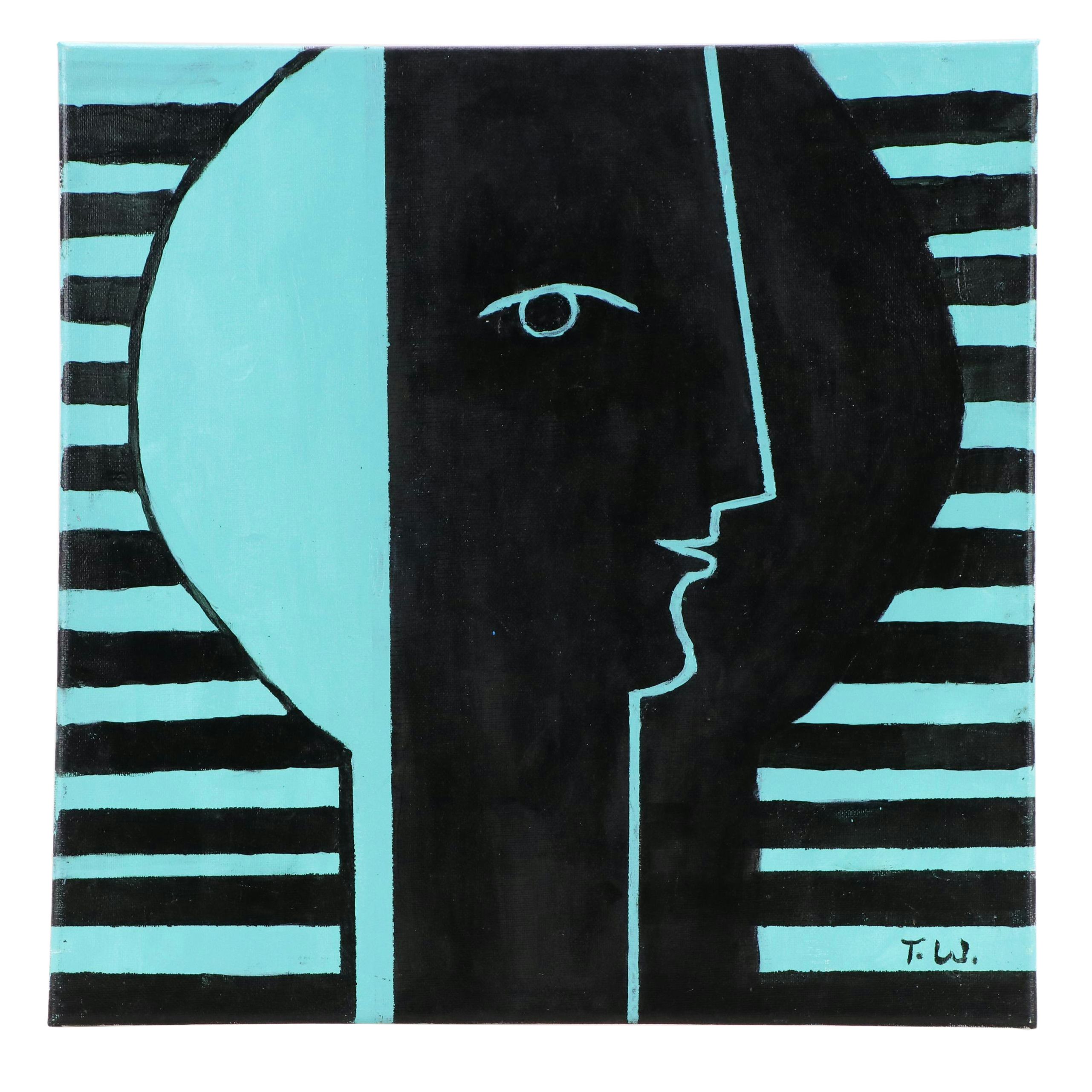 James Thomas Watkins Stylized Figural Acrylic Painting, 21st Century