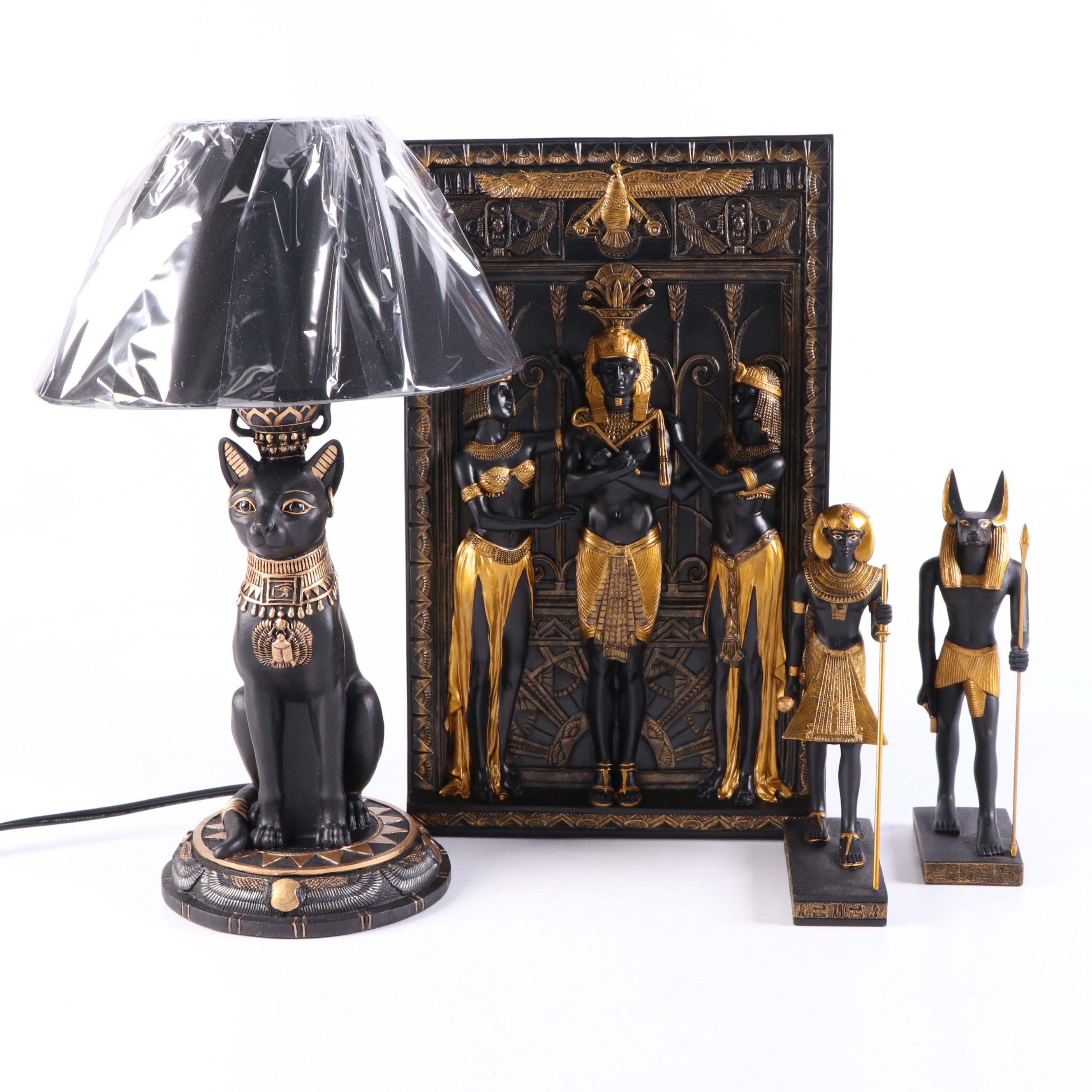 Egyptian Style Bastet Resin Table Lamp with Veronese Design Figures and Plaque
