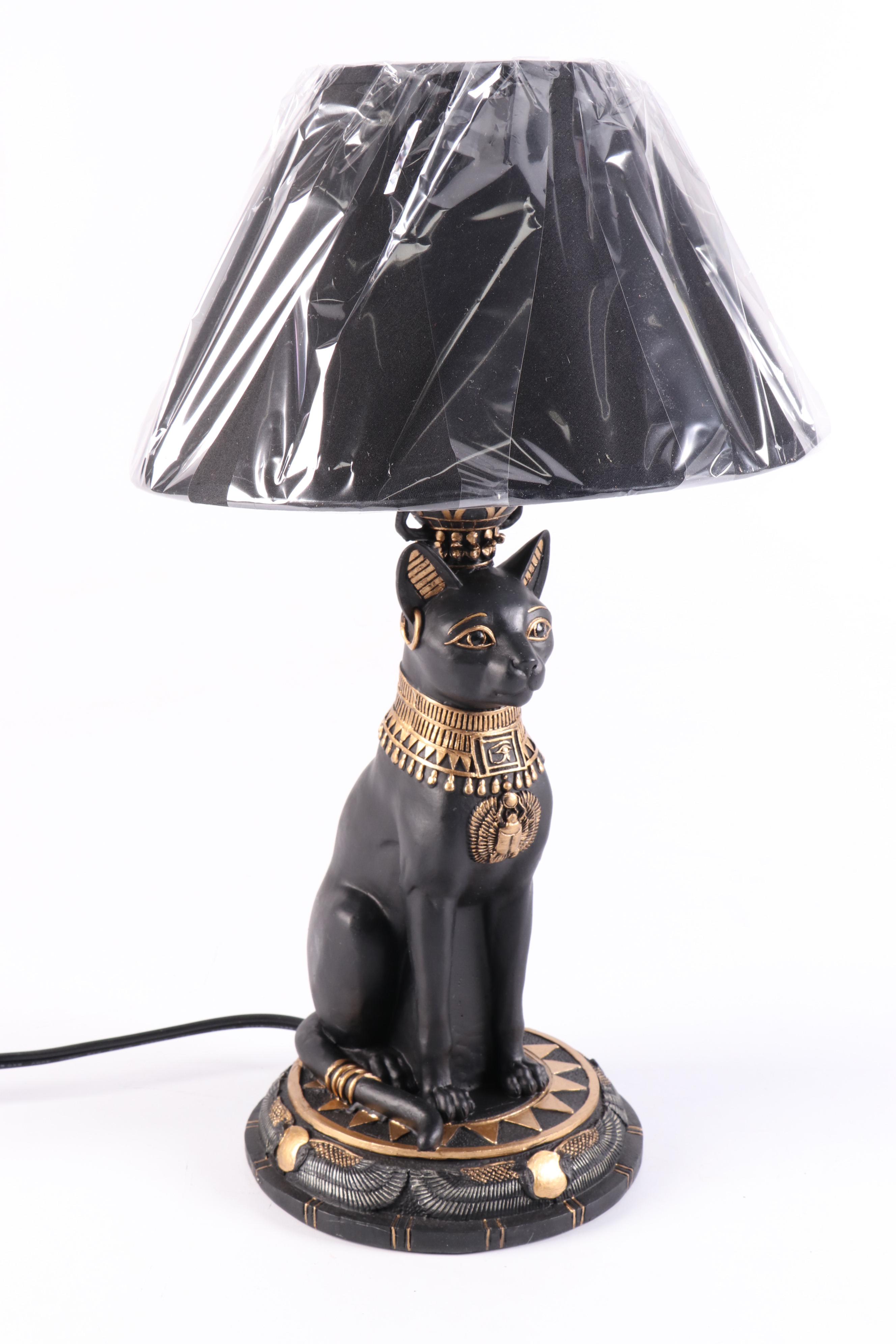 Egyptian Style Bastet Resin Table Lamp with Veronese Design Figures and Plaque