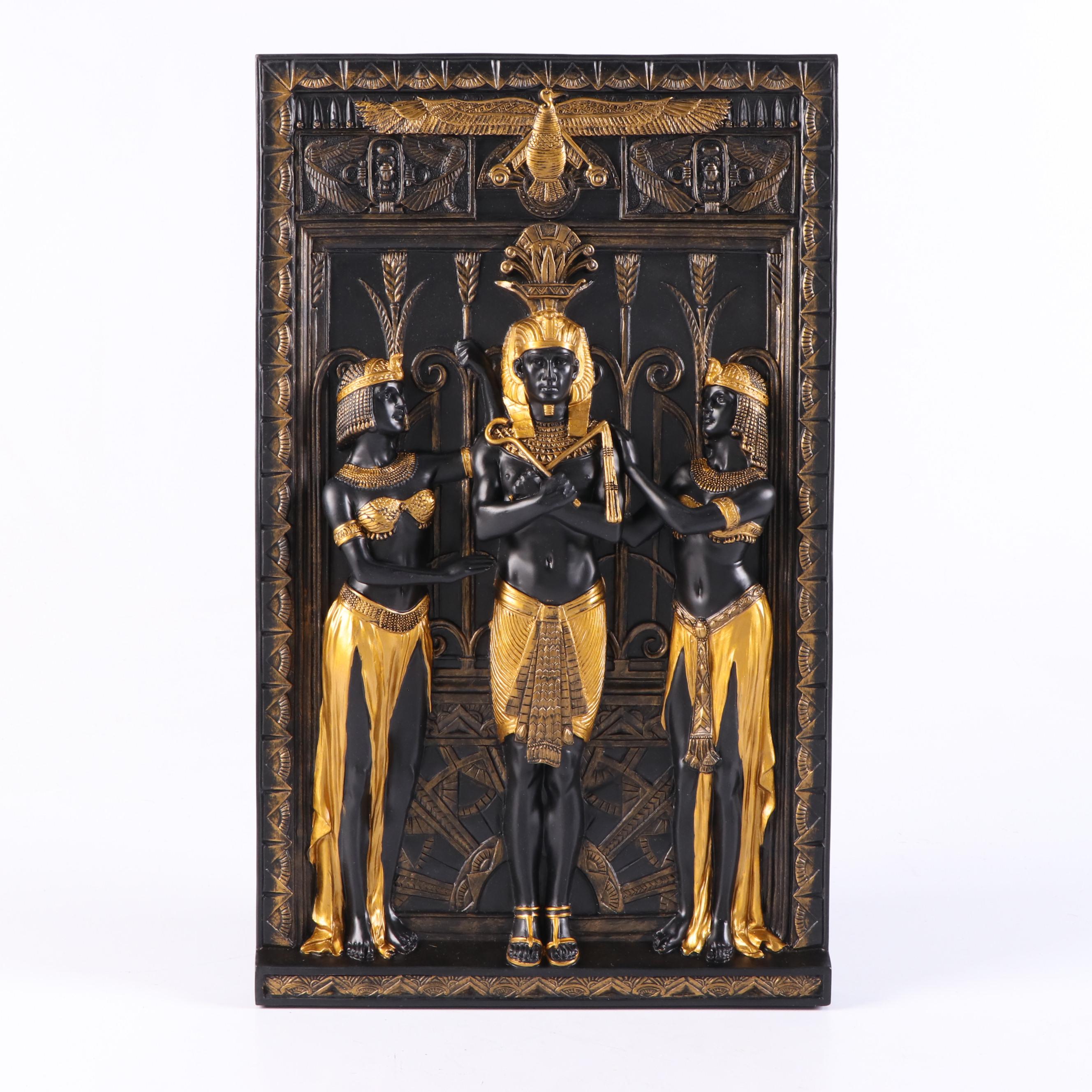 Egyptian Style Bastet Resin Table Lamp with Veronese Design Figures and Plaque