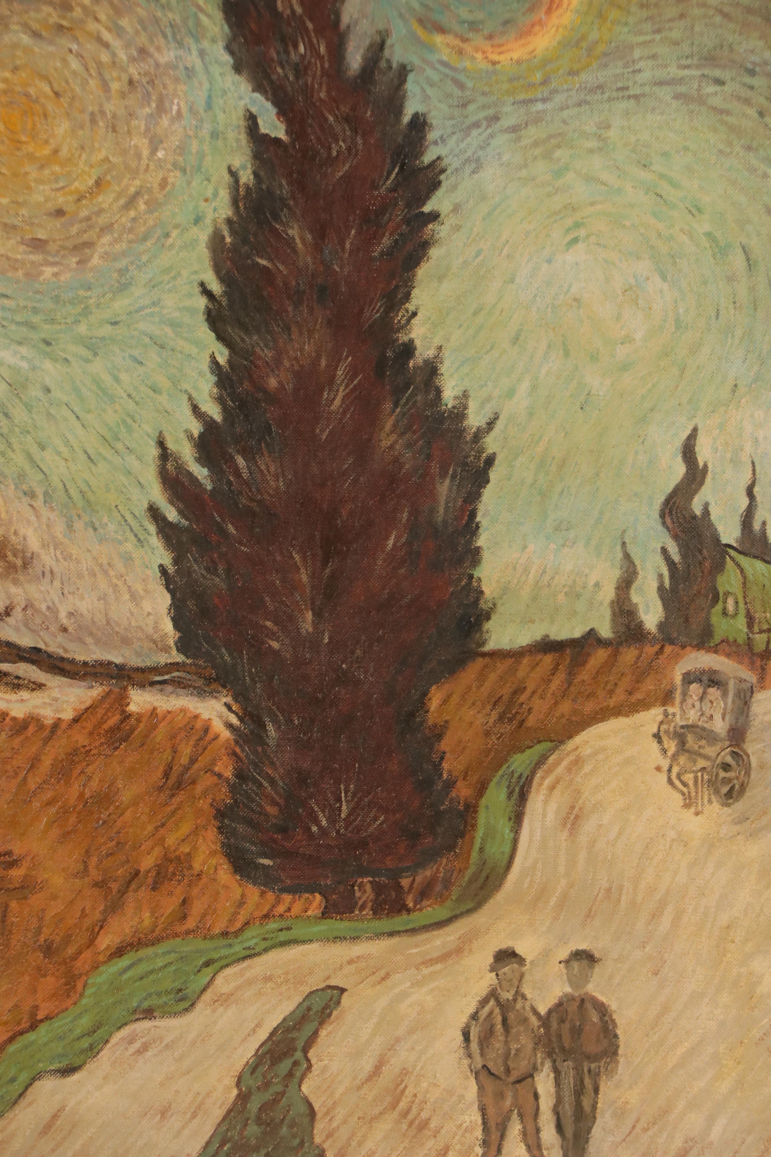 Oil Painting After Vincent Van Gogh "Road with Cypresses," Circa 1950