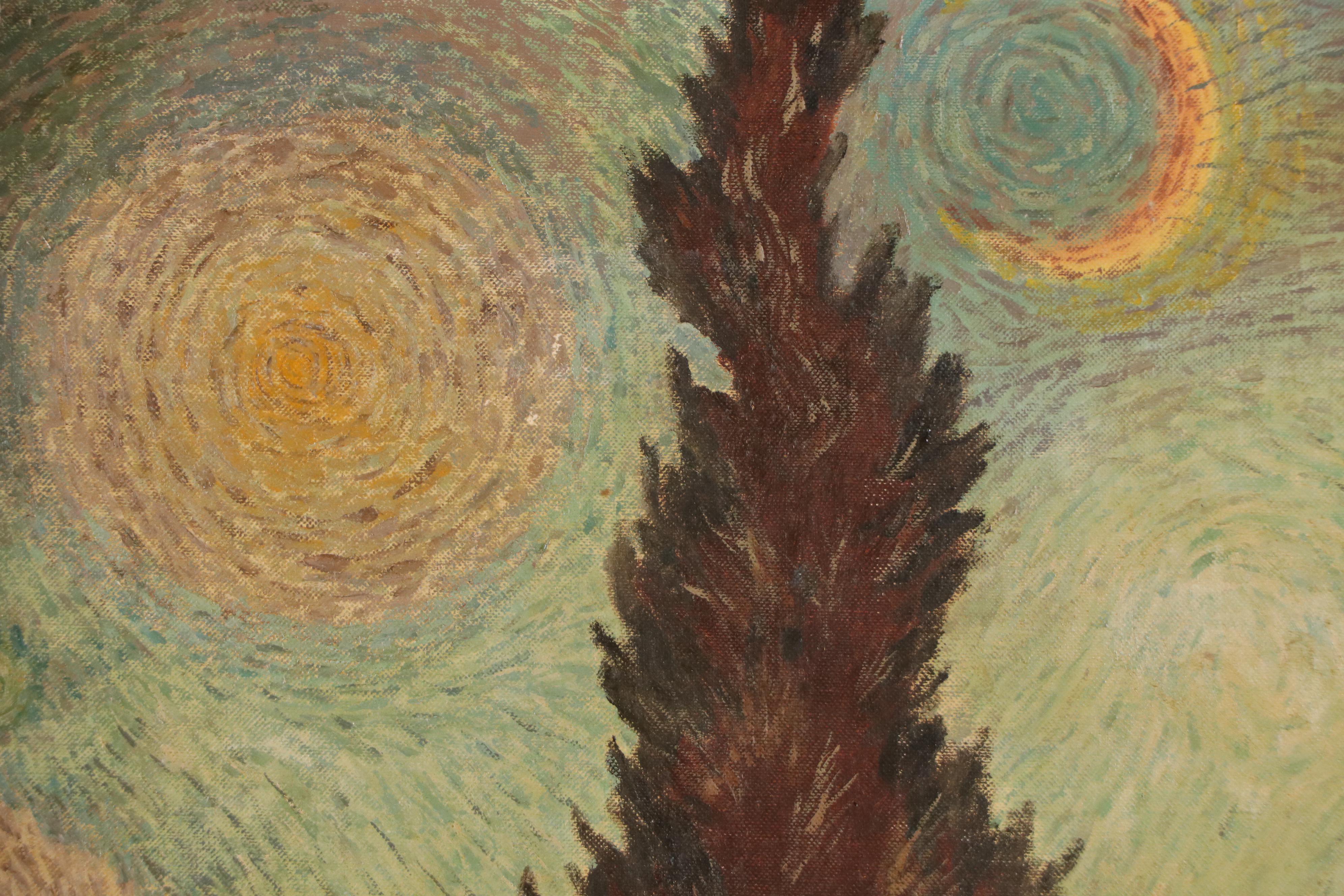 Oil Painting After Vincent Van Gogh "Road with Cypresses," Circa 1950