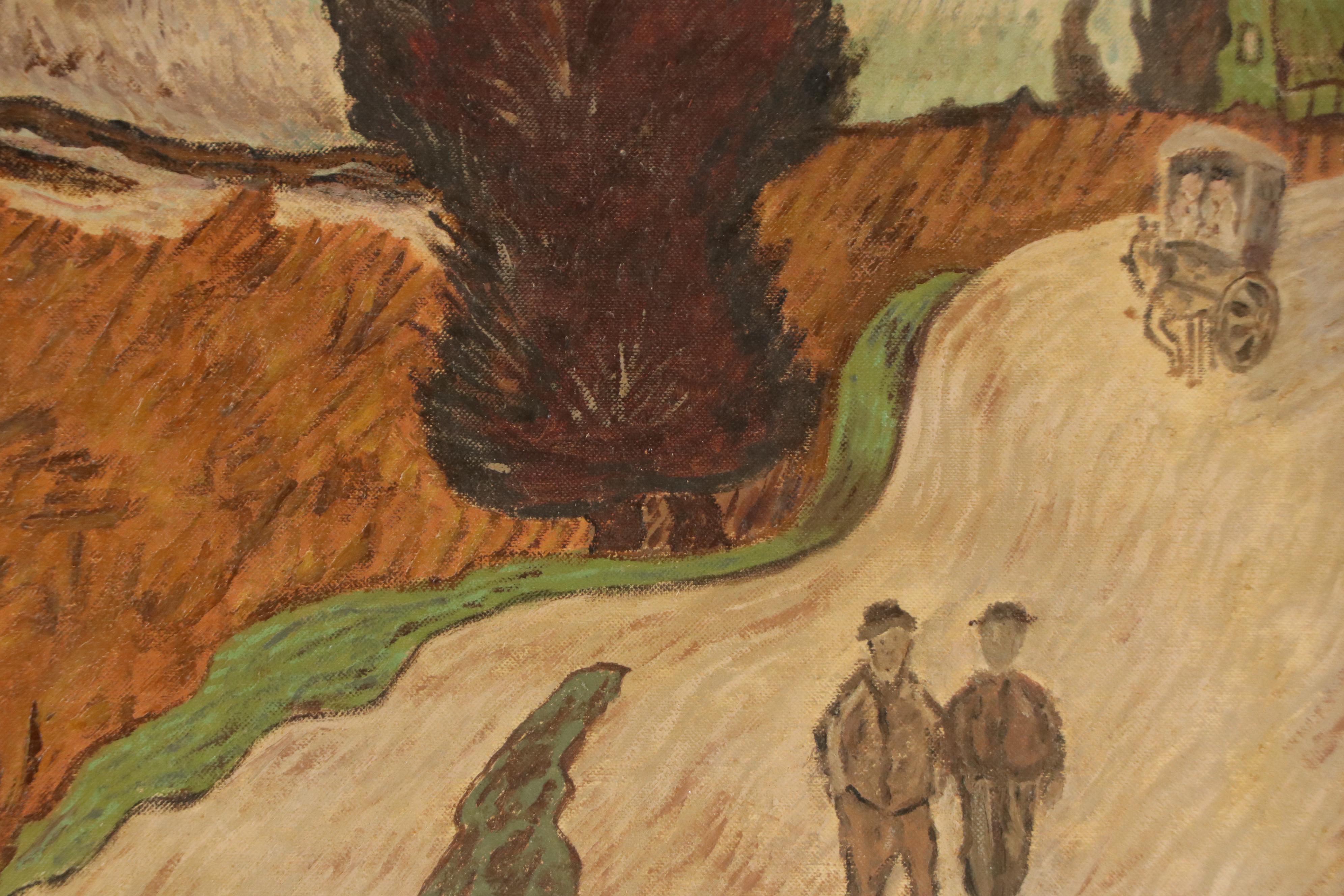 Oil Painting After Vincent Van Gogh "Road with Cypresses," Circa 1950