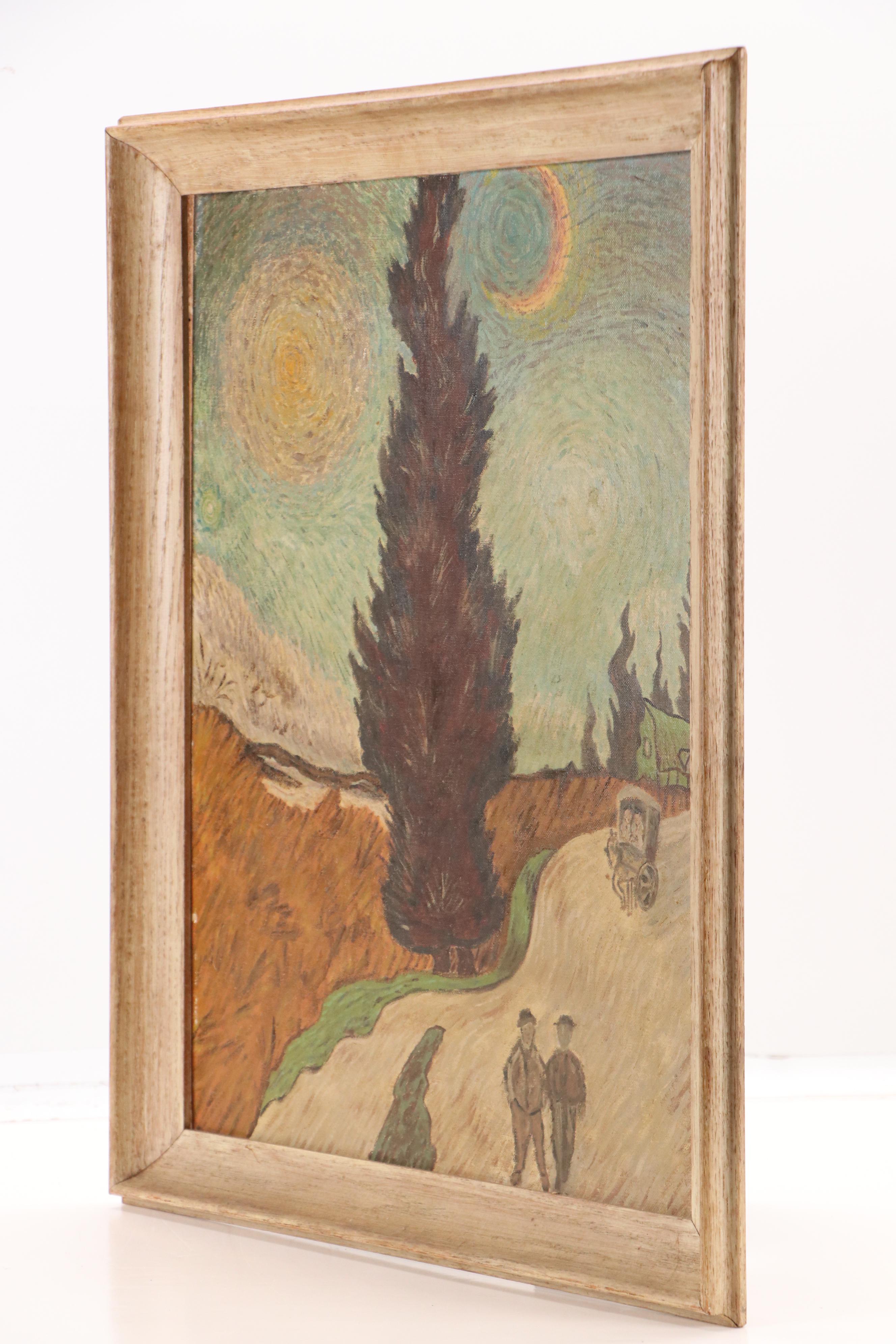 Oil Painting After Vincent Van Gogh "Road with Cypresses," Circa 1950