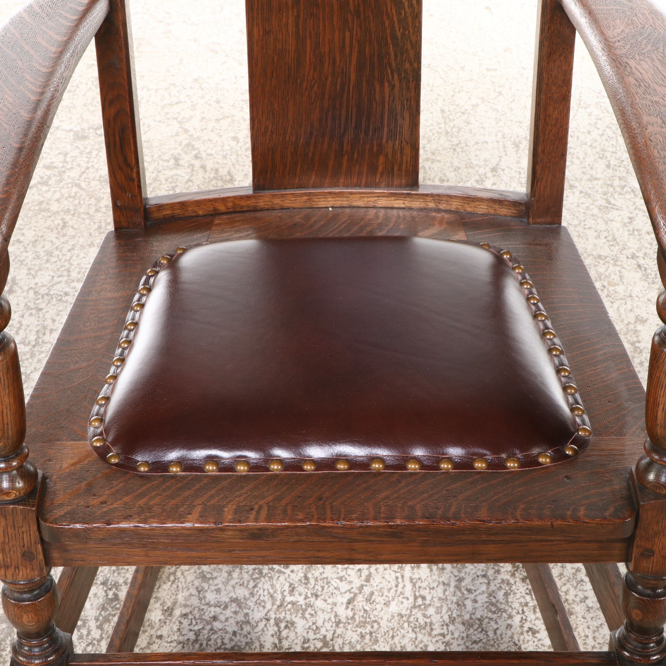 Tudor Revival Style Oak Armchair with Leather Seat, 20th Century
