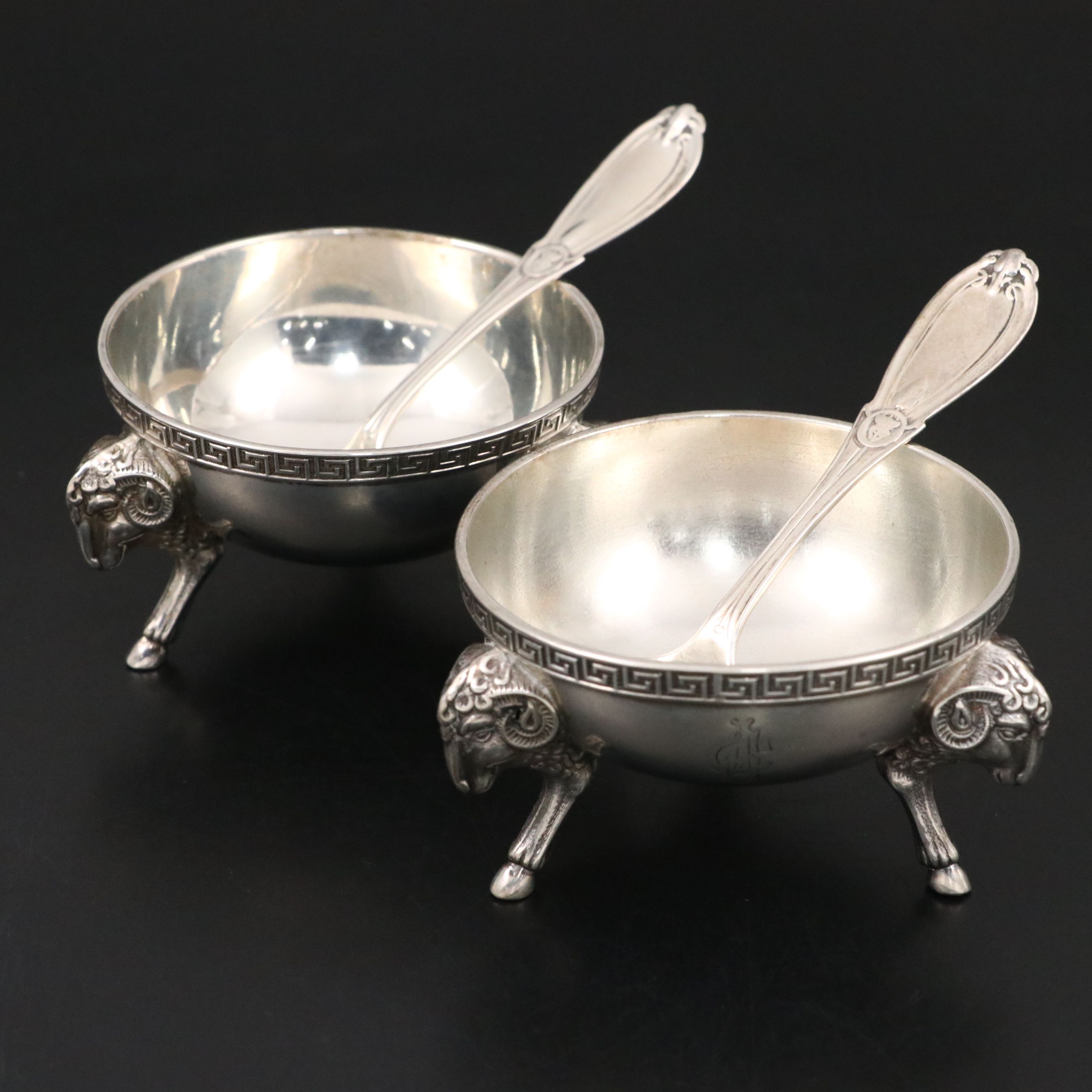 Tiffany & Co. Ram's Head Sterling Silver Master Salt Cellars with Spoons