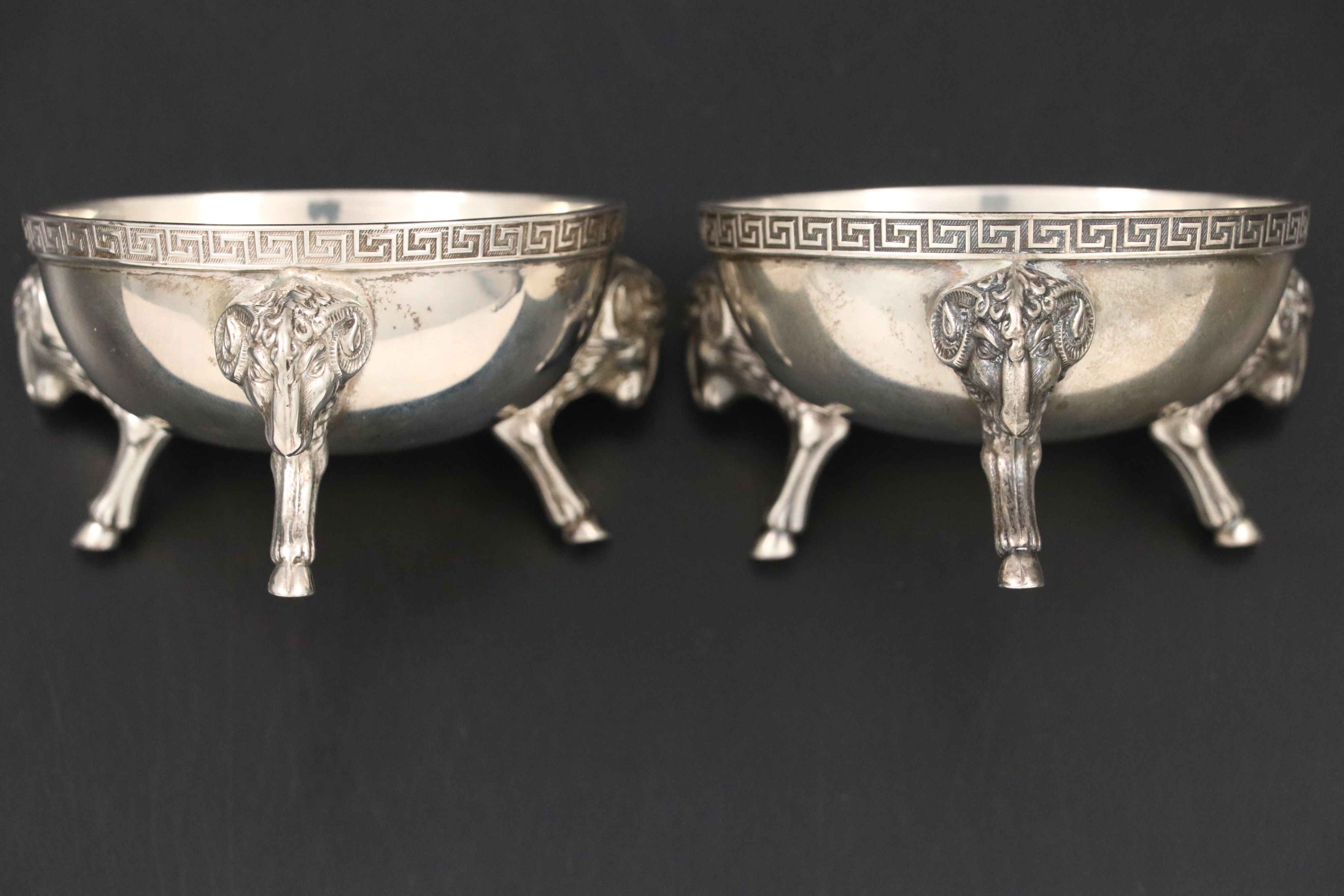 Tiffany & Co. Ram's Head Sterling Silver Master Salt Cellars with Spoons