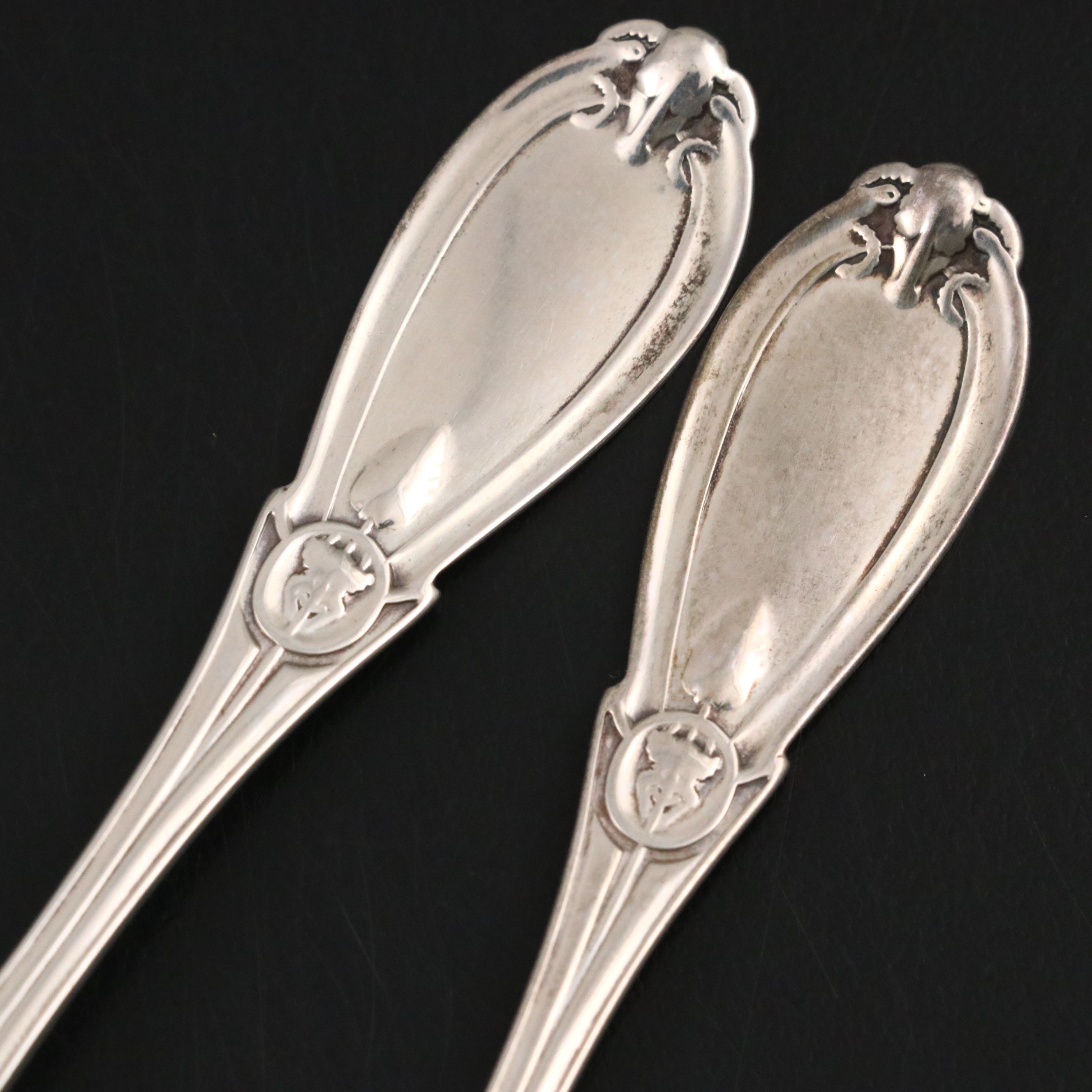 Tiffany & Co. Ram's Head Sterling Silver Master Salt Cellars with Spoons
