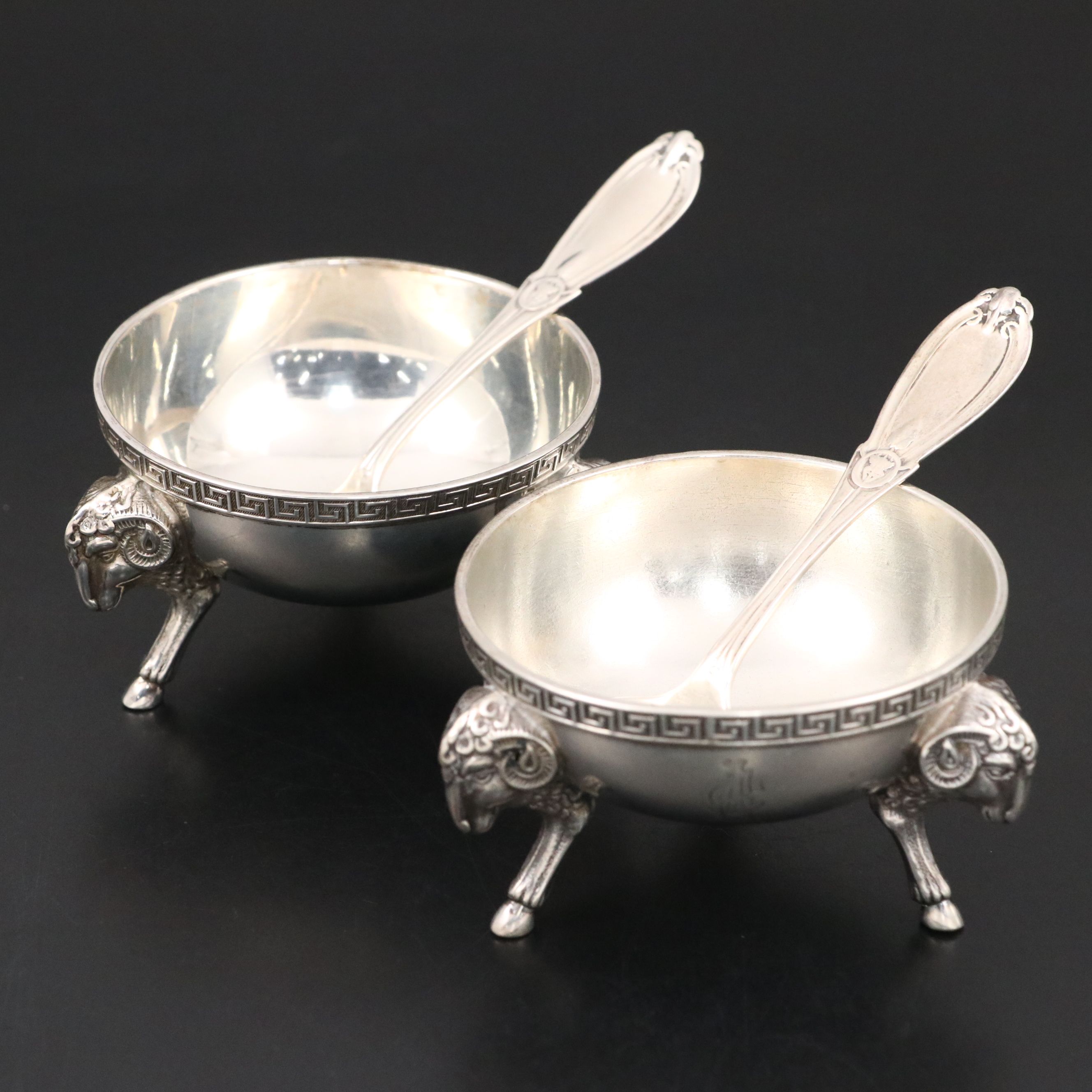 Tiffany & Co. Ram's Head Sterling Silver Master Salt Cellars with Spoons