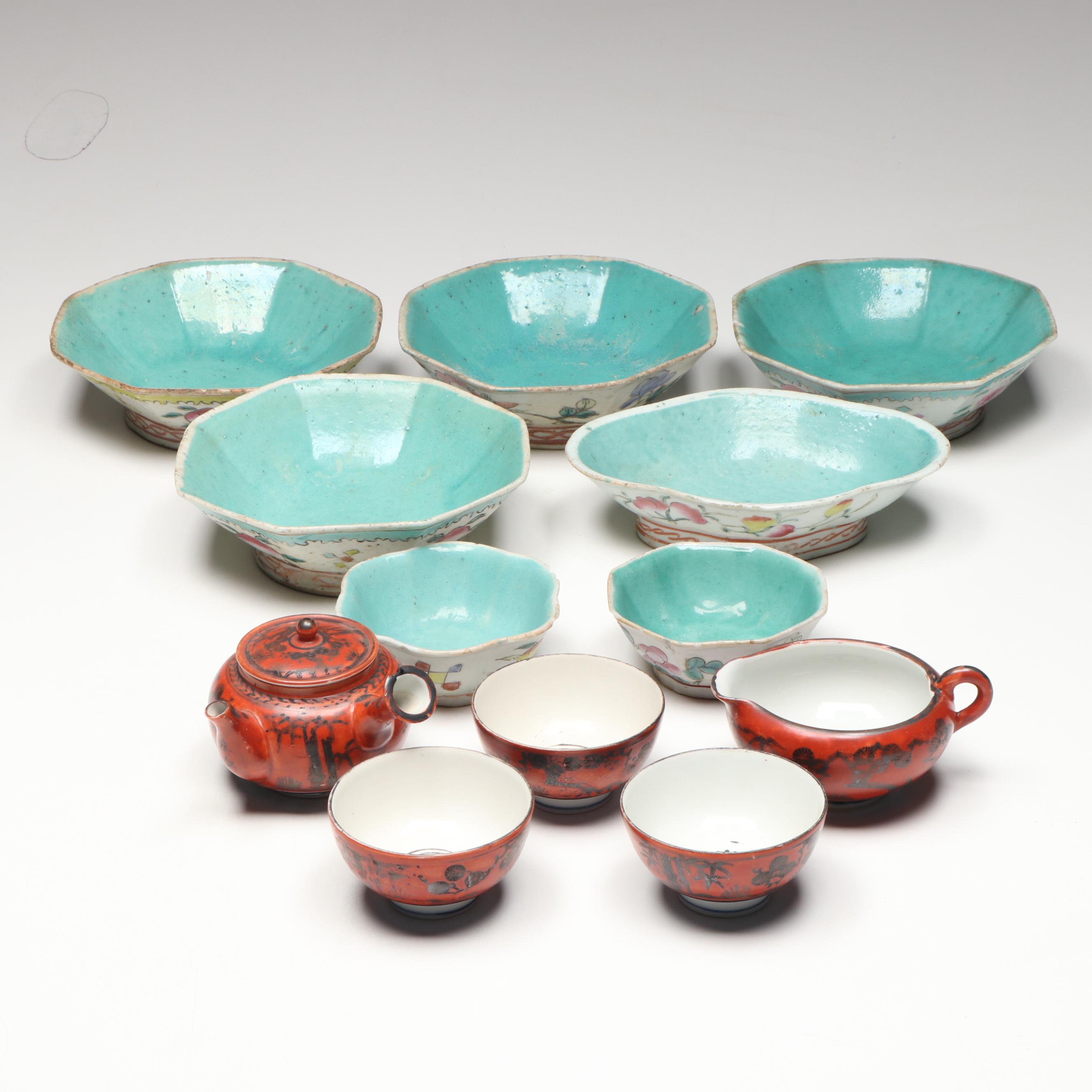 Japanese Porcelain Teaware with Chinese Turquoise Interior Famille Rose Bowls