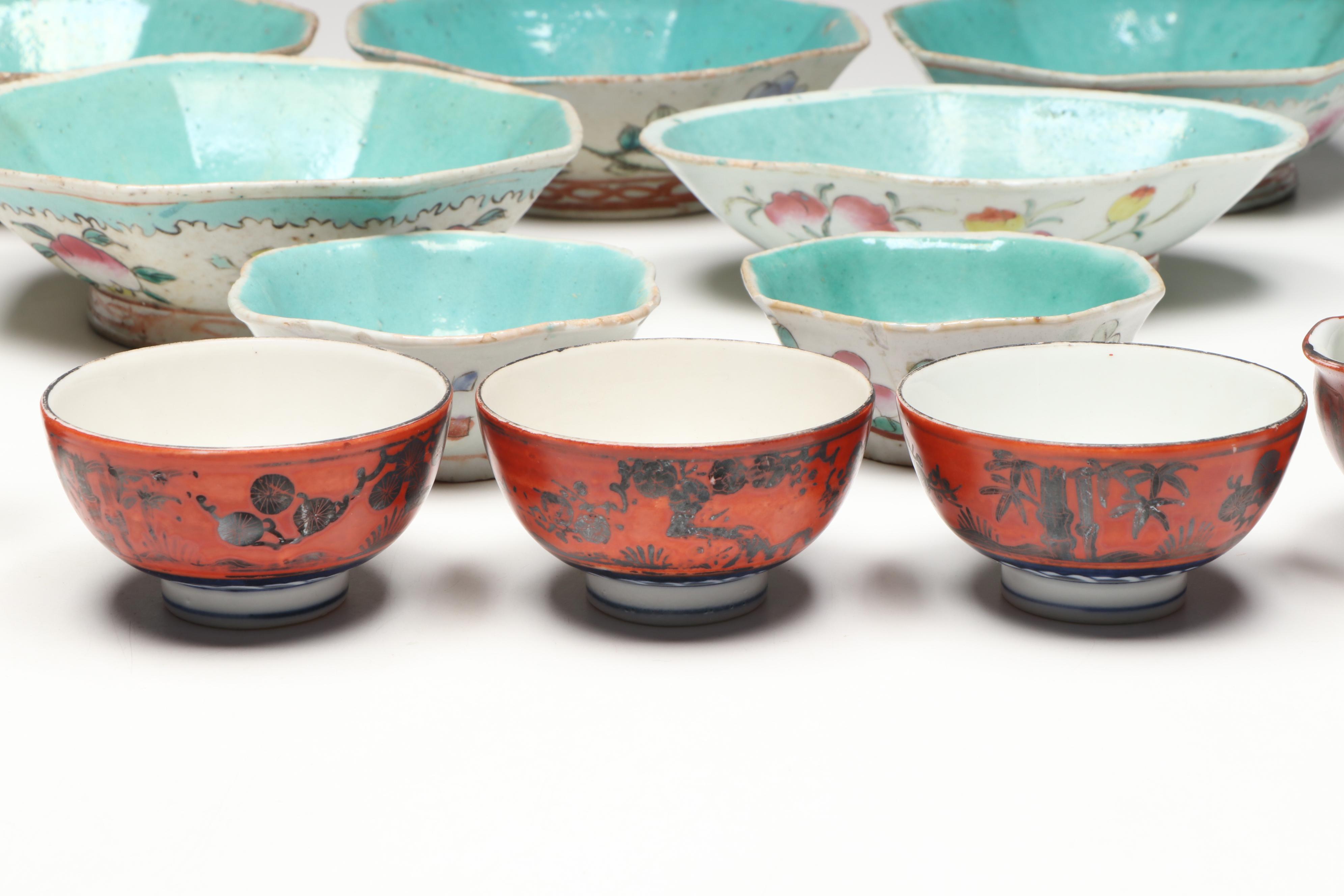 Japanese Porcelain Teaware with Chinese Turquoise Interior Famille Rose Bowls