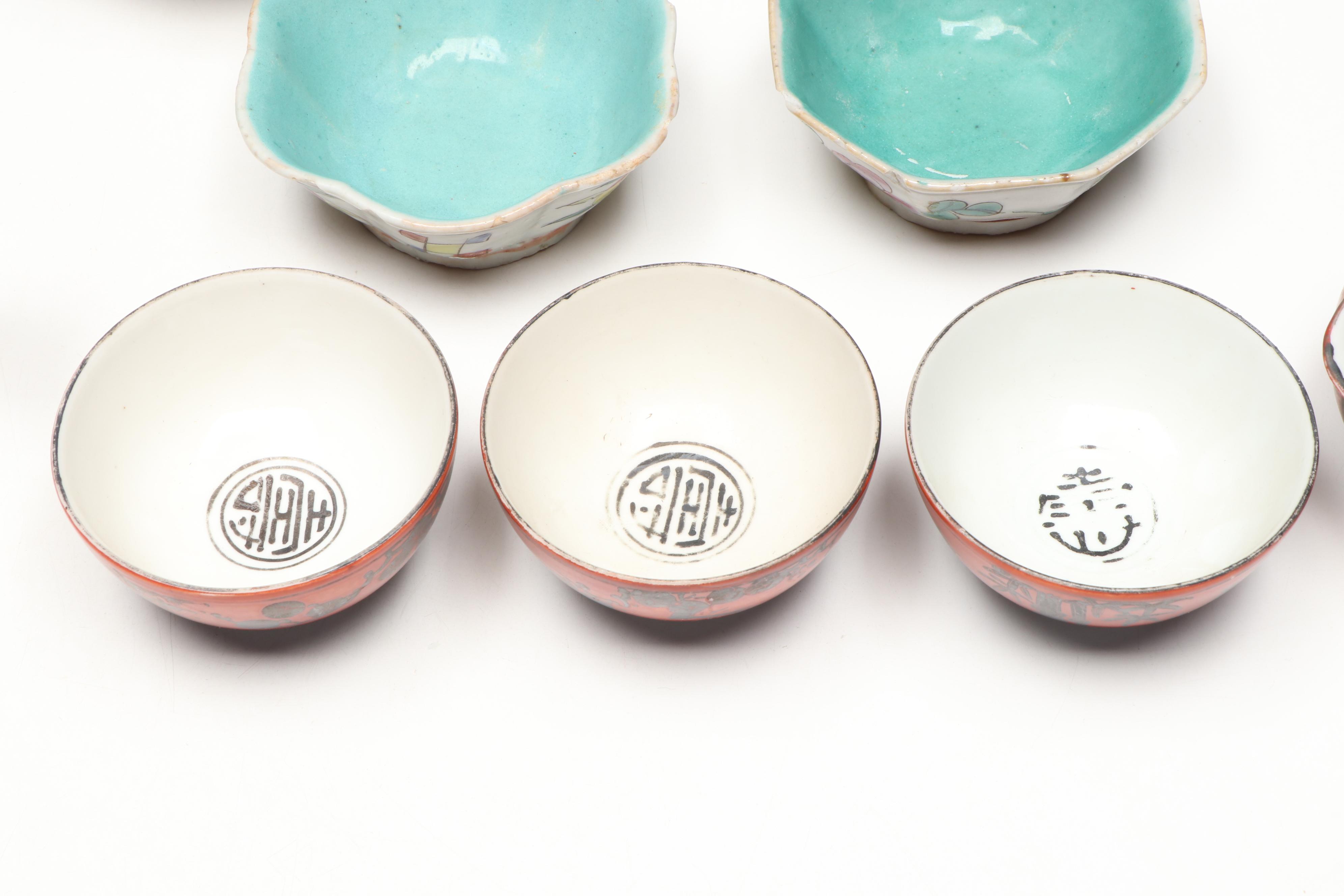 Japanese Porcelain Teaware with Chinese Turquoise Interior Famille Rose Bowls