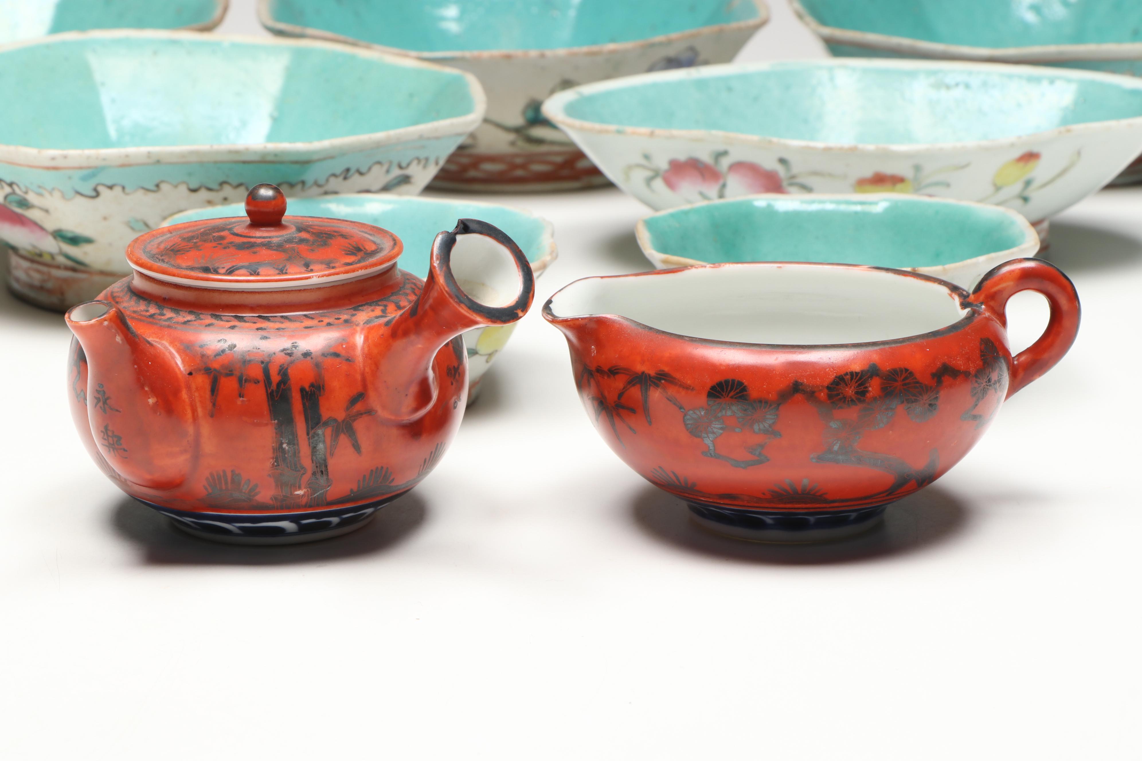 Japanese Porcelain Teaware with Chinese Turquoise Interior Famille Rose Bowls