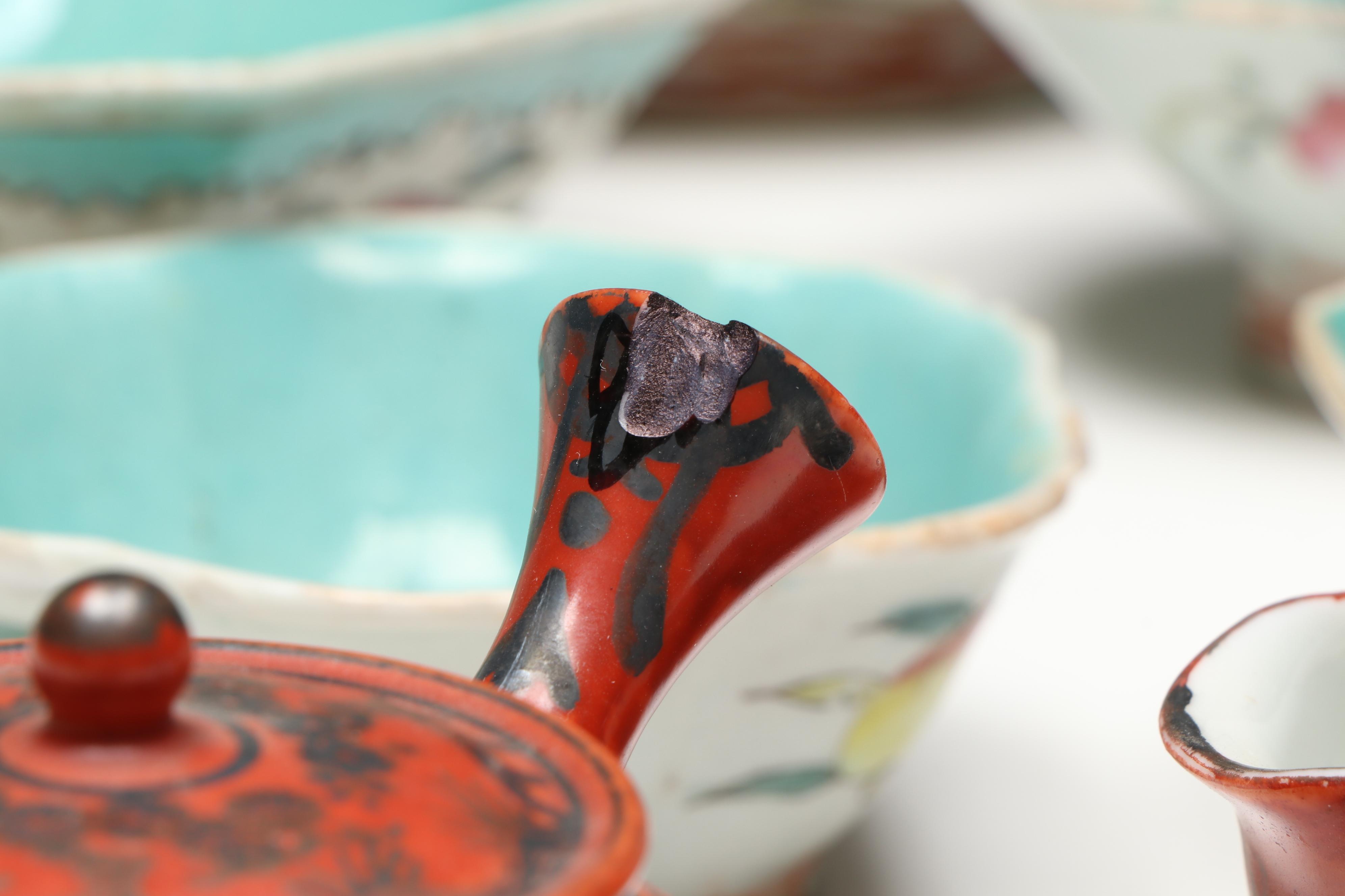 Japanese Porcelain Teaware with Chinese Turquoise Interior Famille Rose Bowls