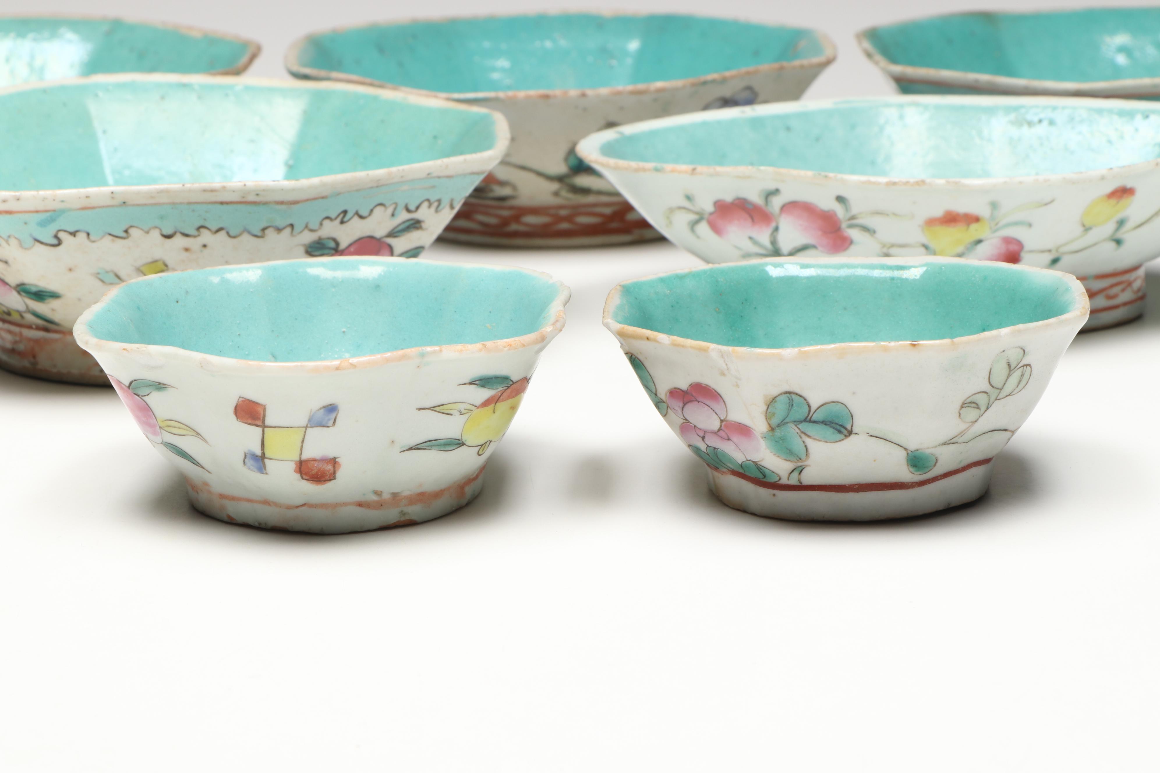 Japanese Porcelain Teaware with Chinese Turquoise Interior Famille Rose Bowls