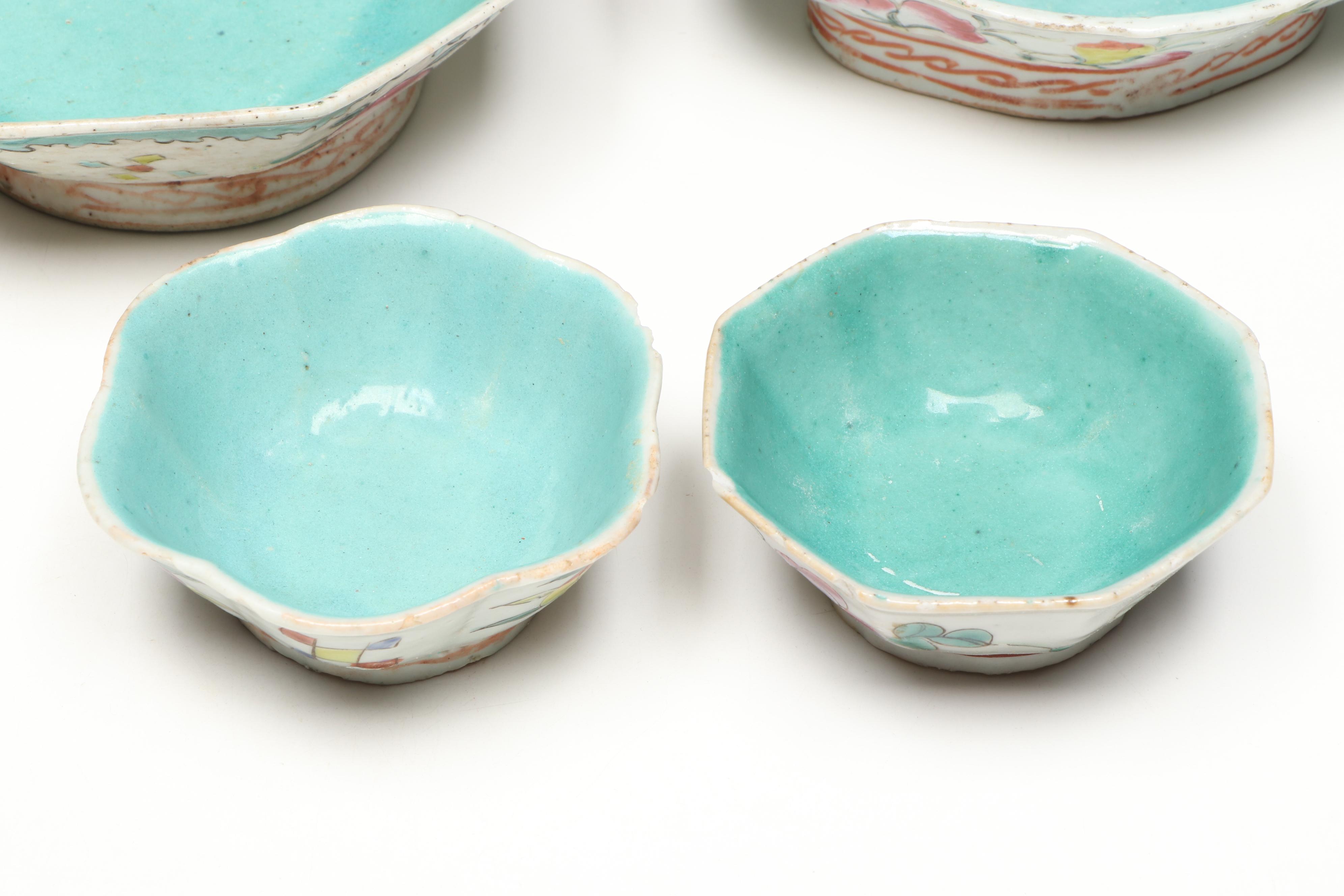 Japanese Porcelain Teaware with Chinese Turquoise Interior Famille Rose Bowls